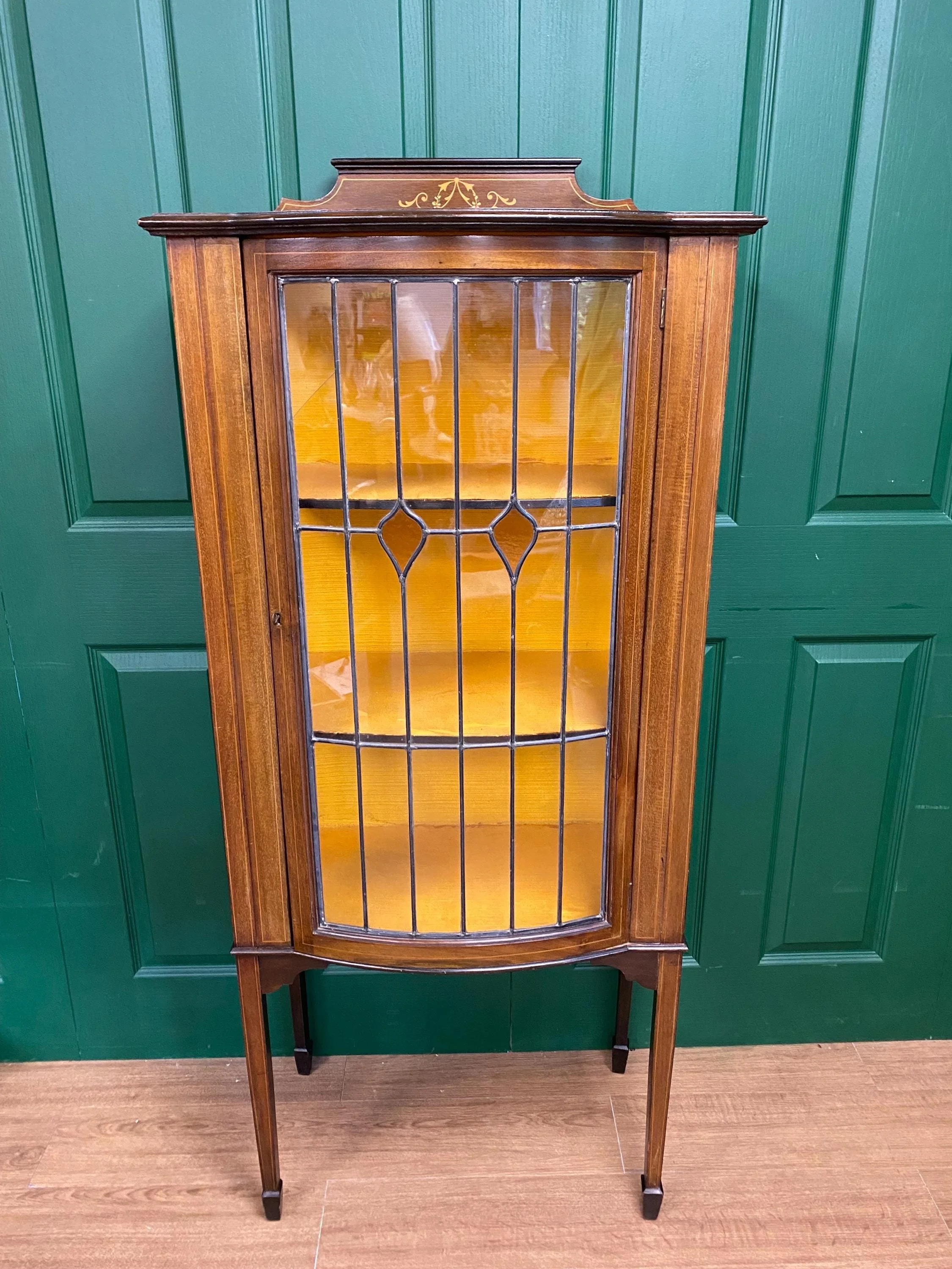 Antique Edwardian Mahogany Inlaid Marquetry Bow Fronted Glazed Display Cabinet with Amber Stained Glass Leaded Glazed Door