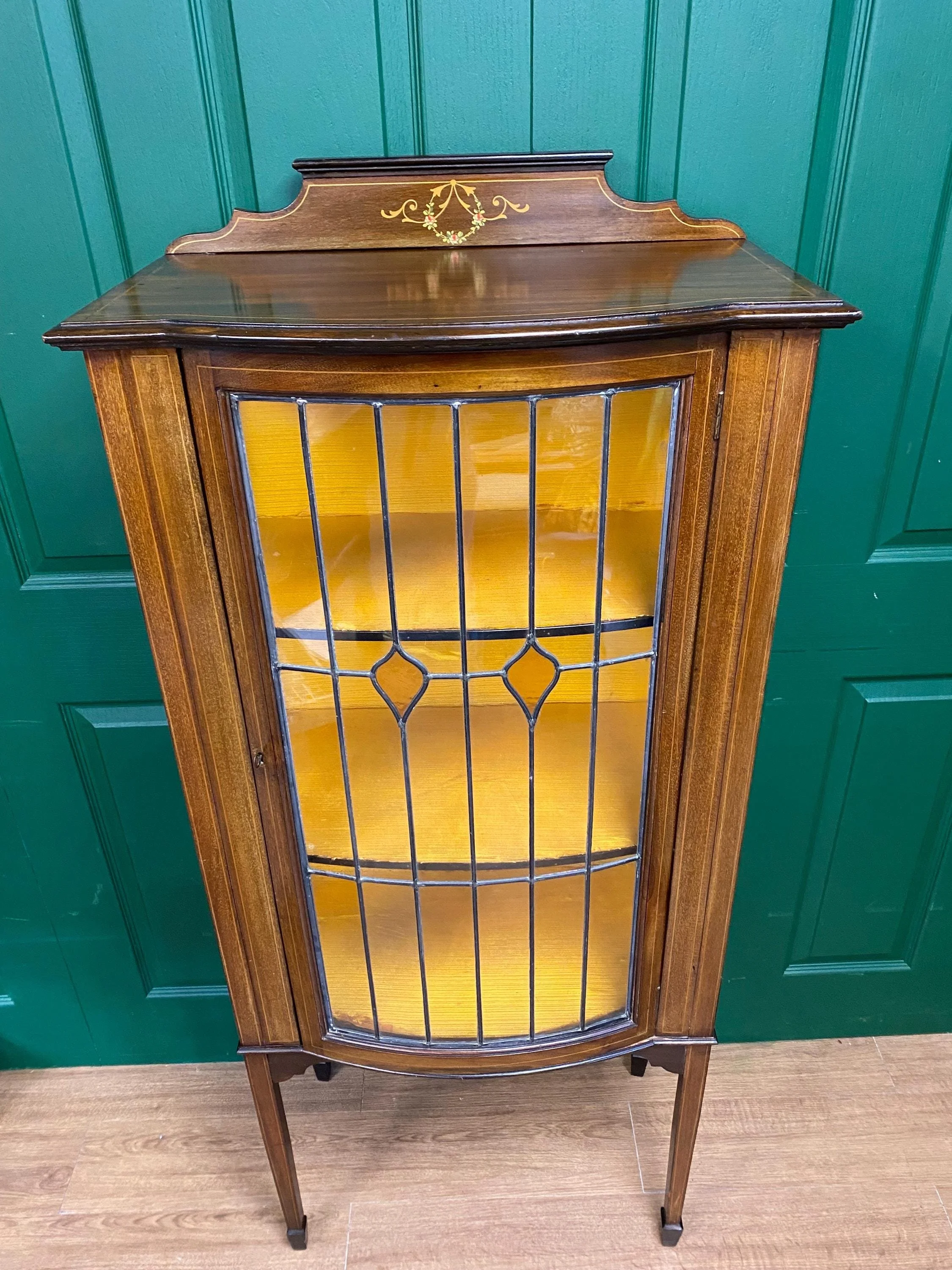 Antique Edwardian Mahogany Inlaid Marquetry Bow Fronted Glazed Display Cabinet with Amber Stained Glass Leaded Glazed Door