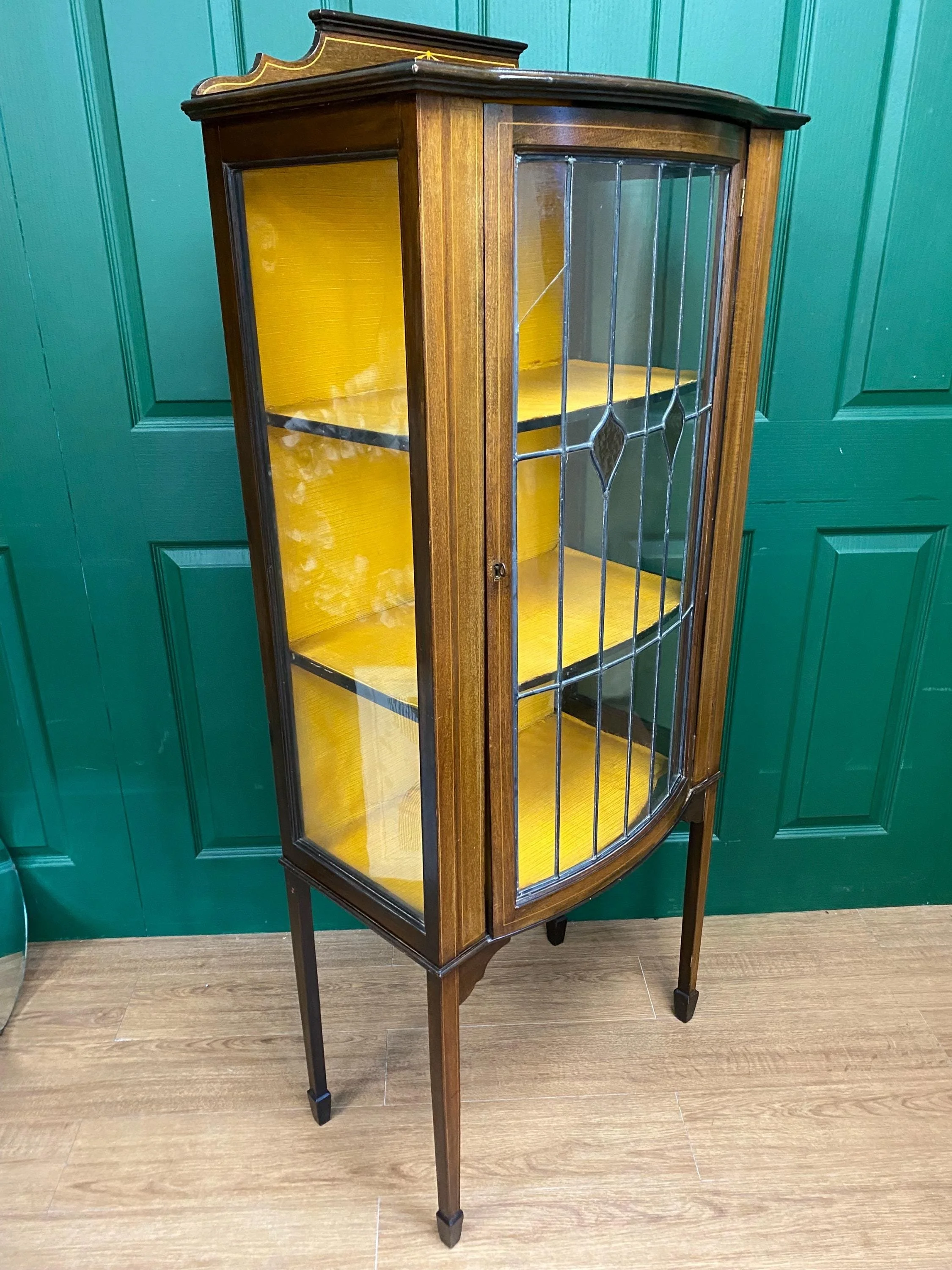 Antique Edwardian Mahogany Inlaid Marquetry Bow Fronted Glazed Display Cabinet with Amber Stained Glass Leaded Glazed Door