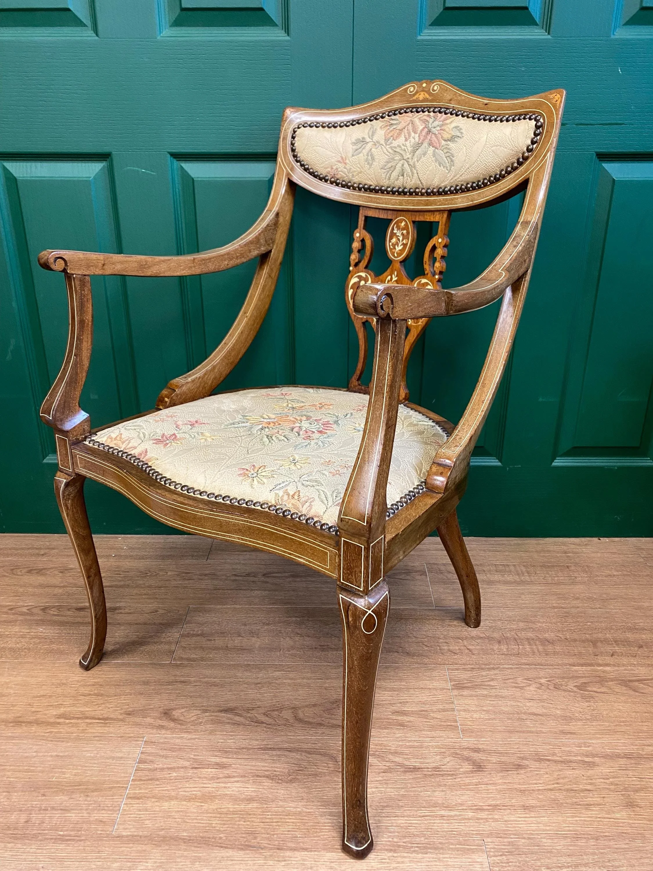 Antique Edwardian Ornate Inlaid Mahogany Framed Armchair with Marquetry Detail