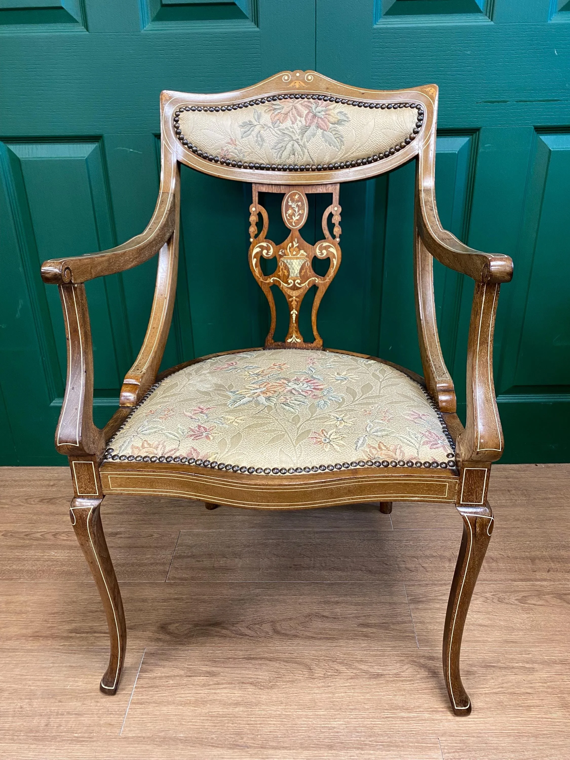 Antique Edwardian Ornate Inlaid Mahogany Framed Armchair with Marquetry Detail