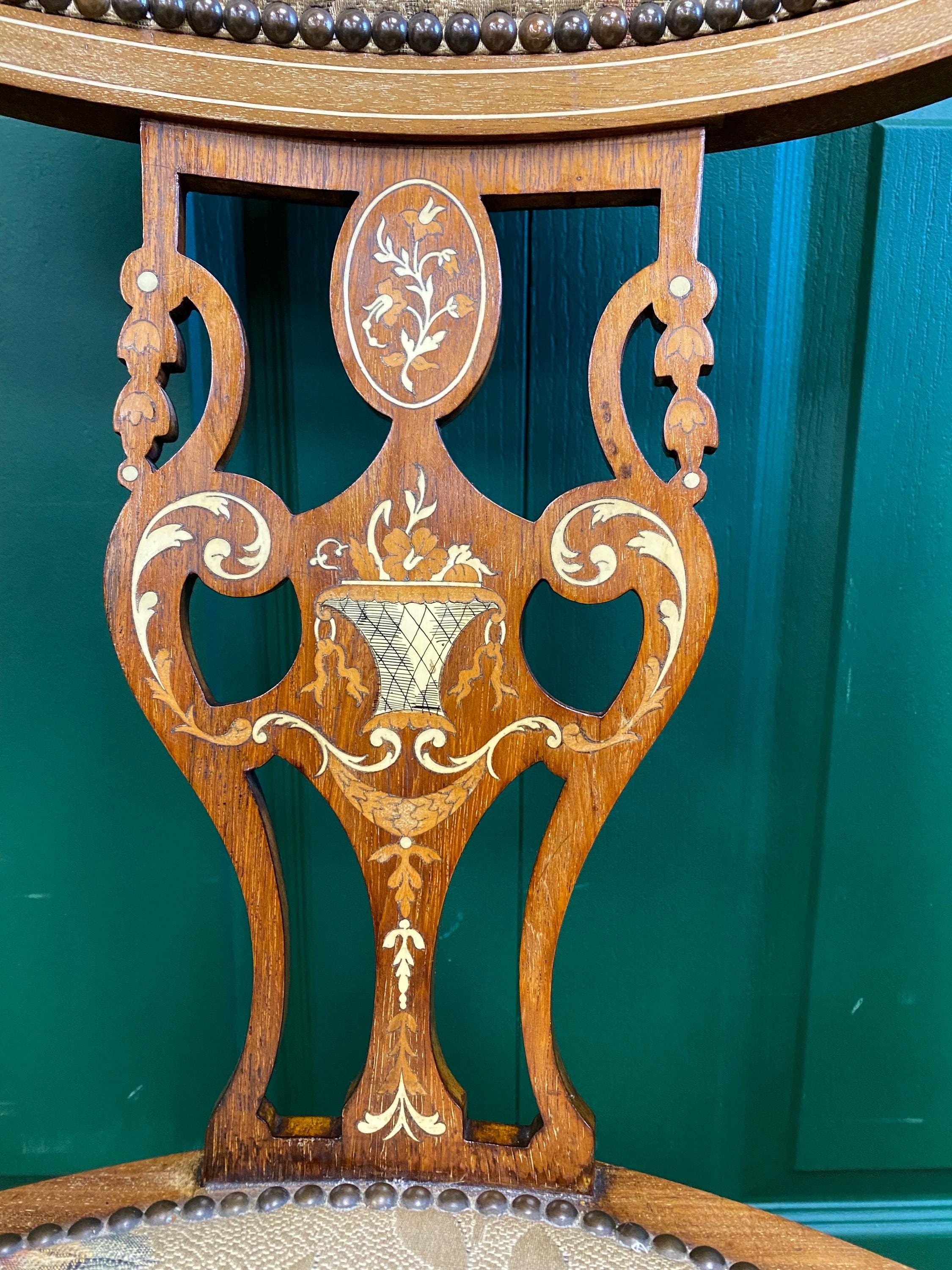 Antique Edwardian Ornate Inlaid Mahogany Framed Armchair with Marquetry Detail