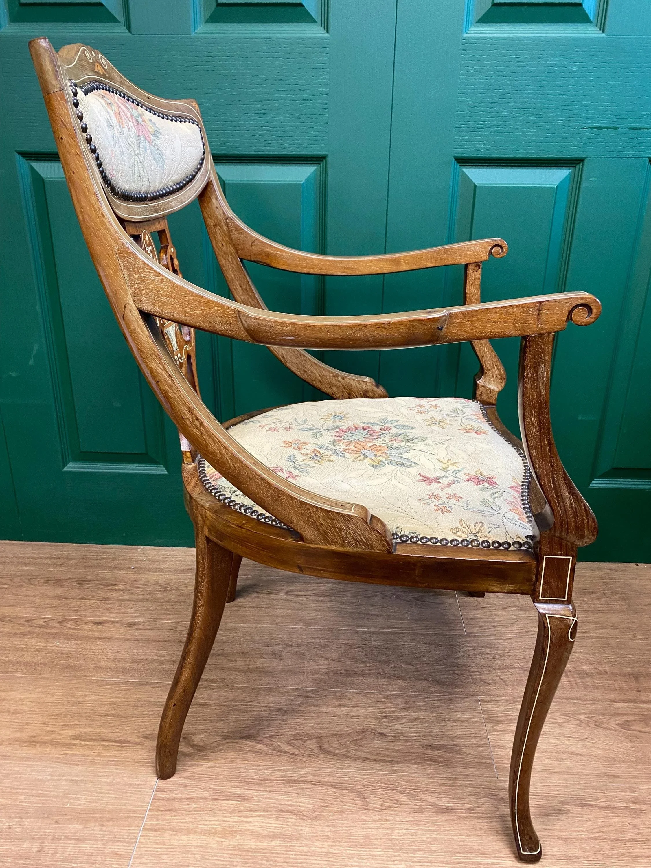 Antique Edwardian Ornate Inlaid Mahogany Framed Armchair with Marquetry Detail