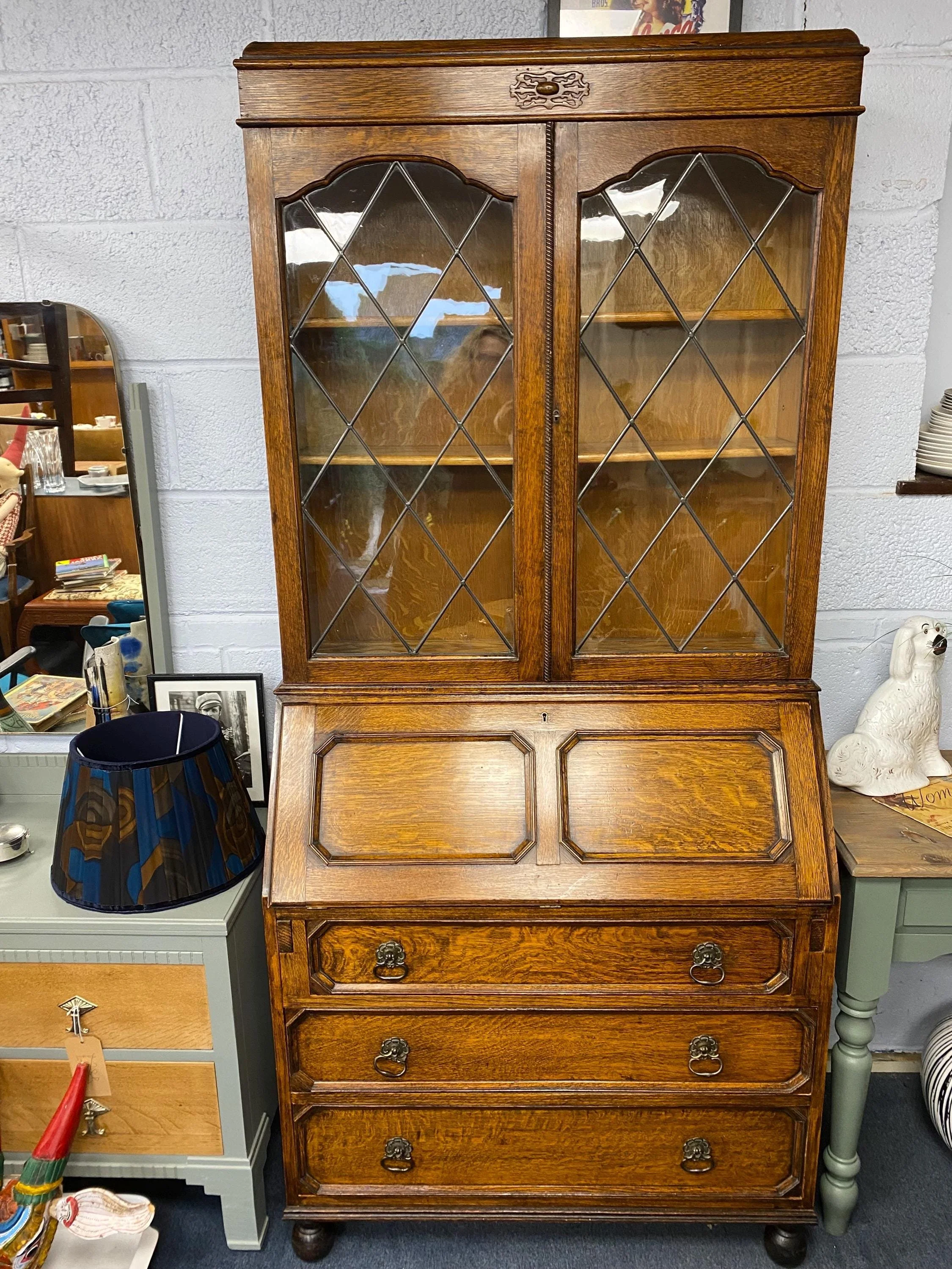 Edwardian antique oak bureau glazed bookcase