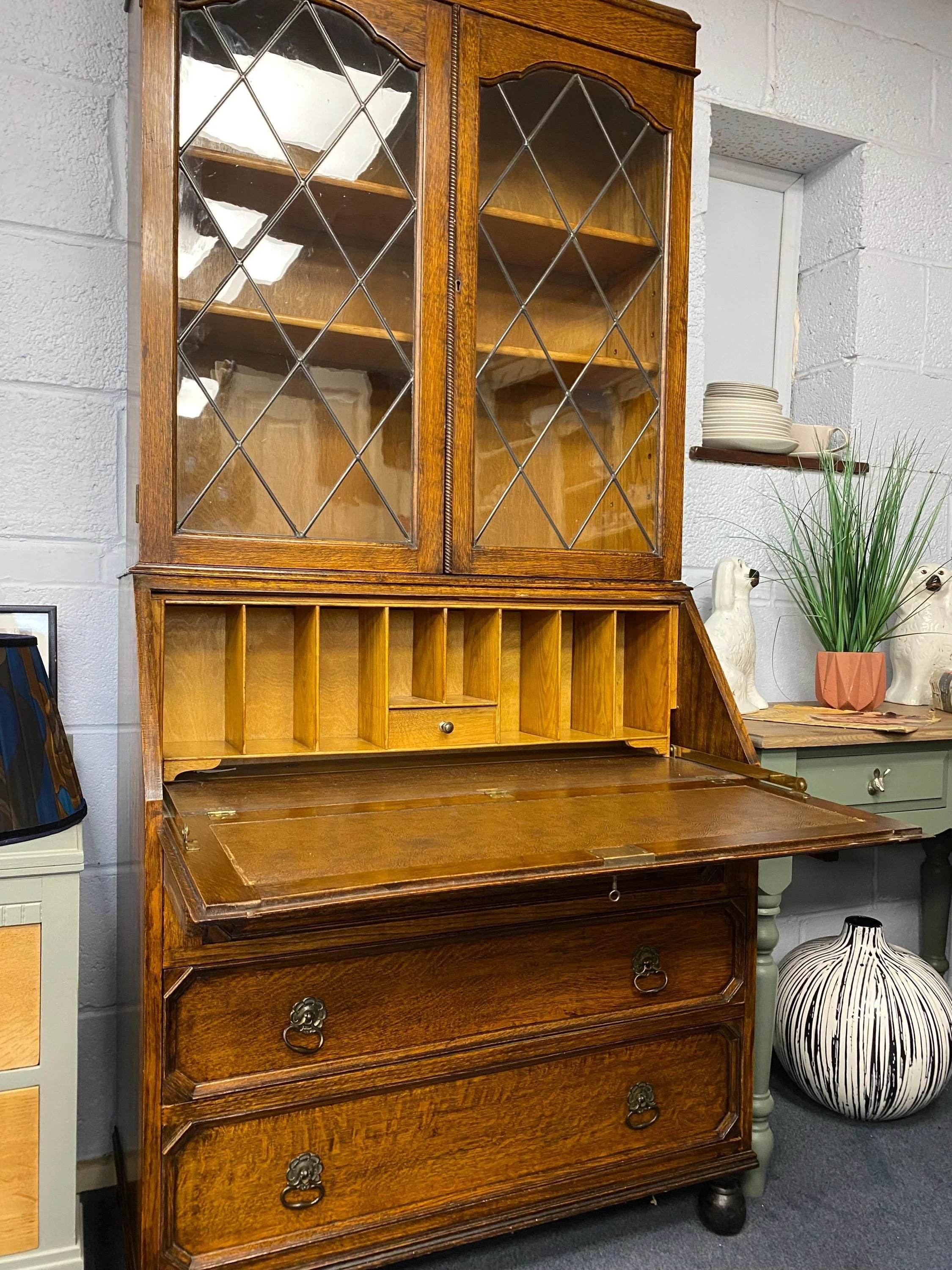 Edwardian antique oak bureau glazed bookcase