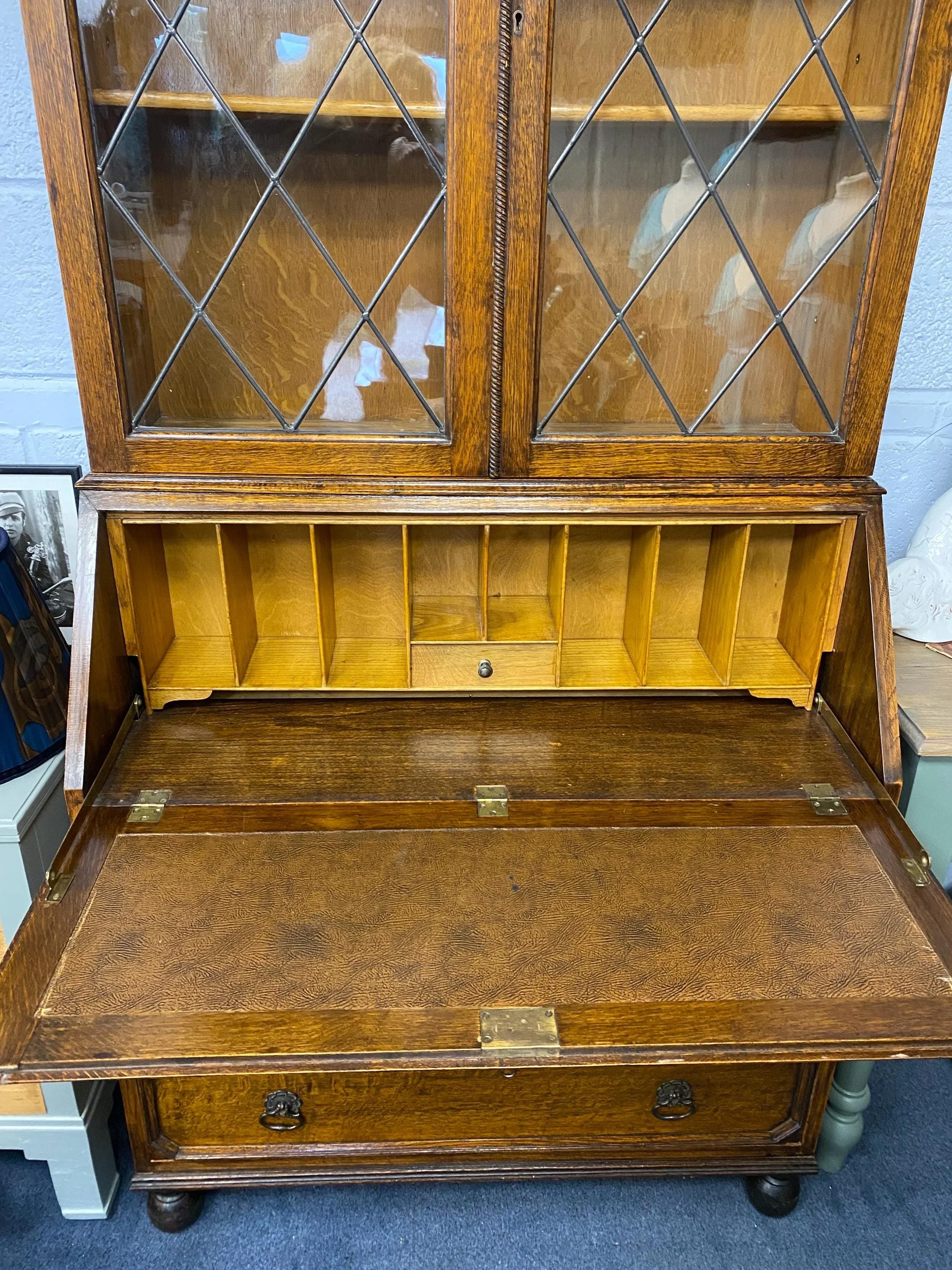 Edwardian antique oak bureau glazed bookcase