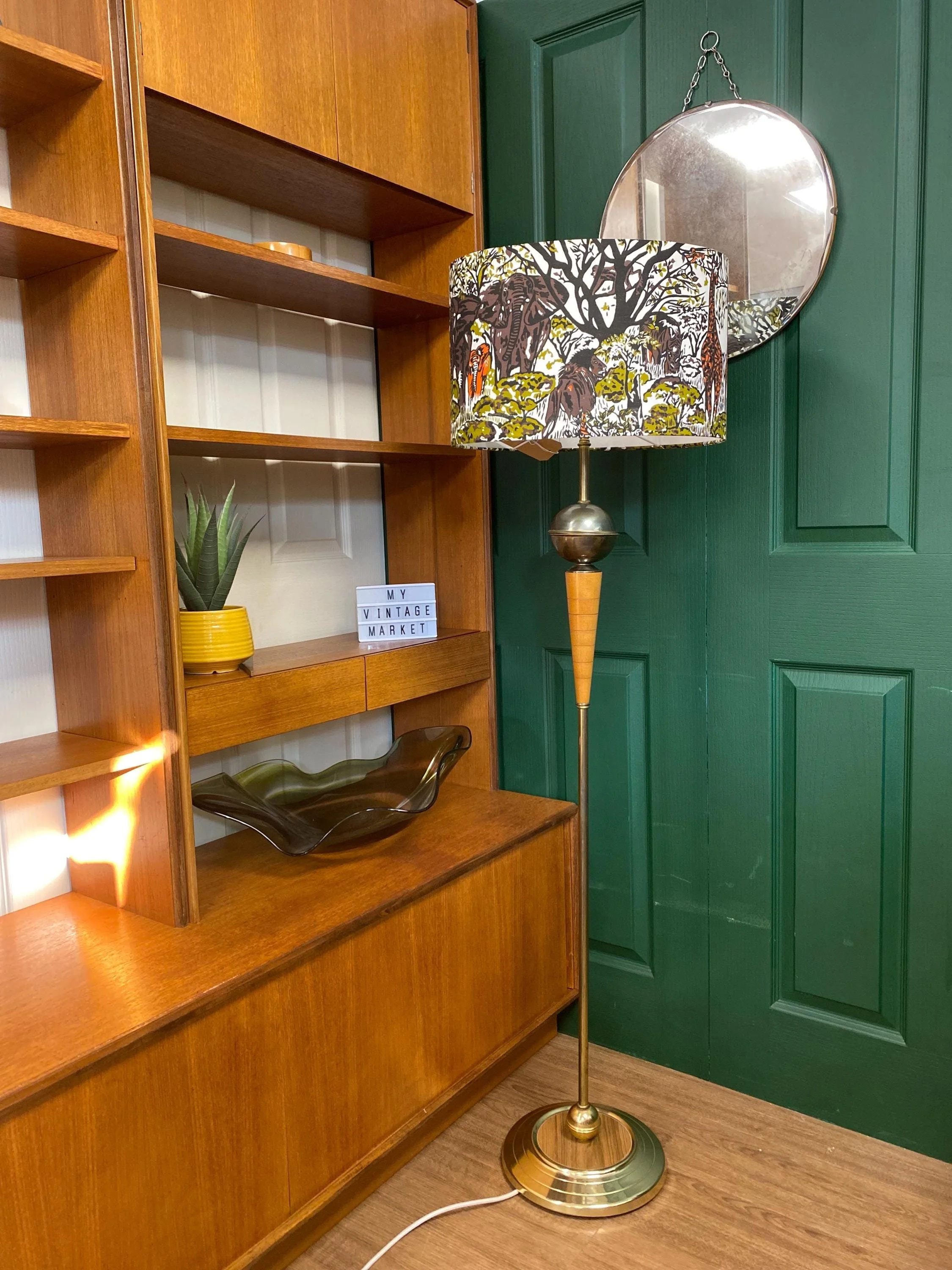 Mid century retro 1970s brass and teak floor lamp