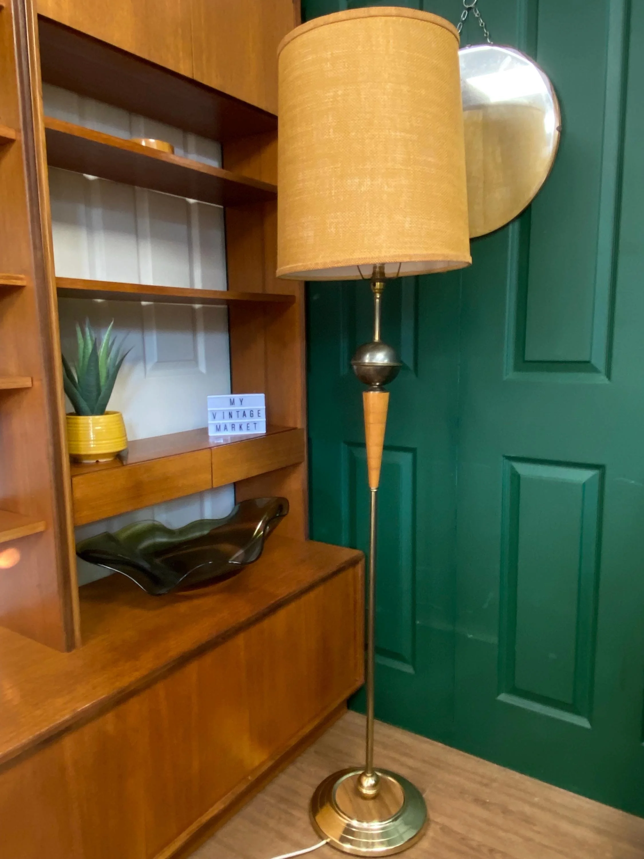 Mid century retro 1970s brass and teak floor lamp