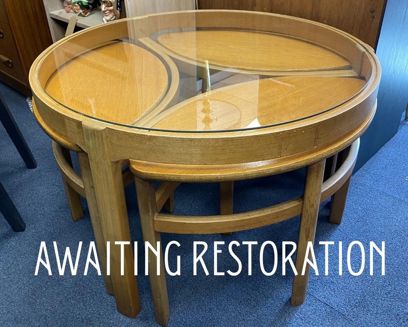 Mid century 1960s Danish style teak Nathan Trinity circular glass coffee table nest of tables