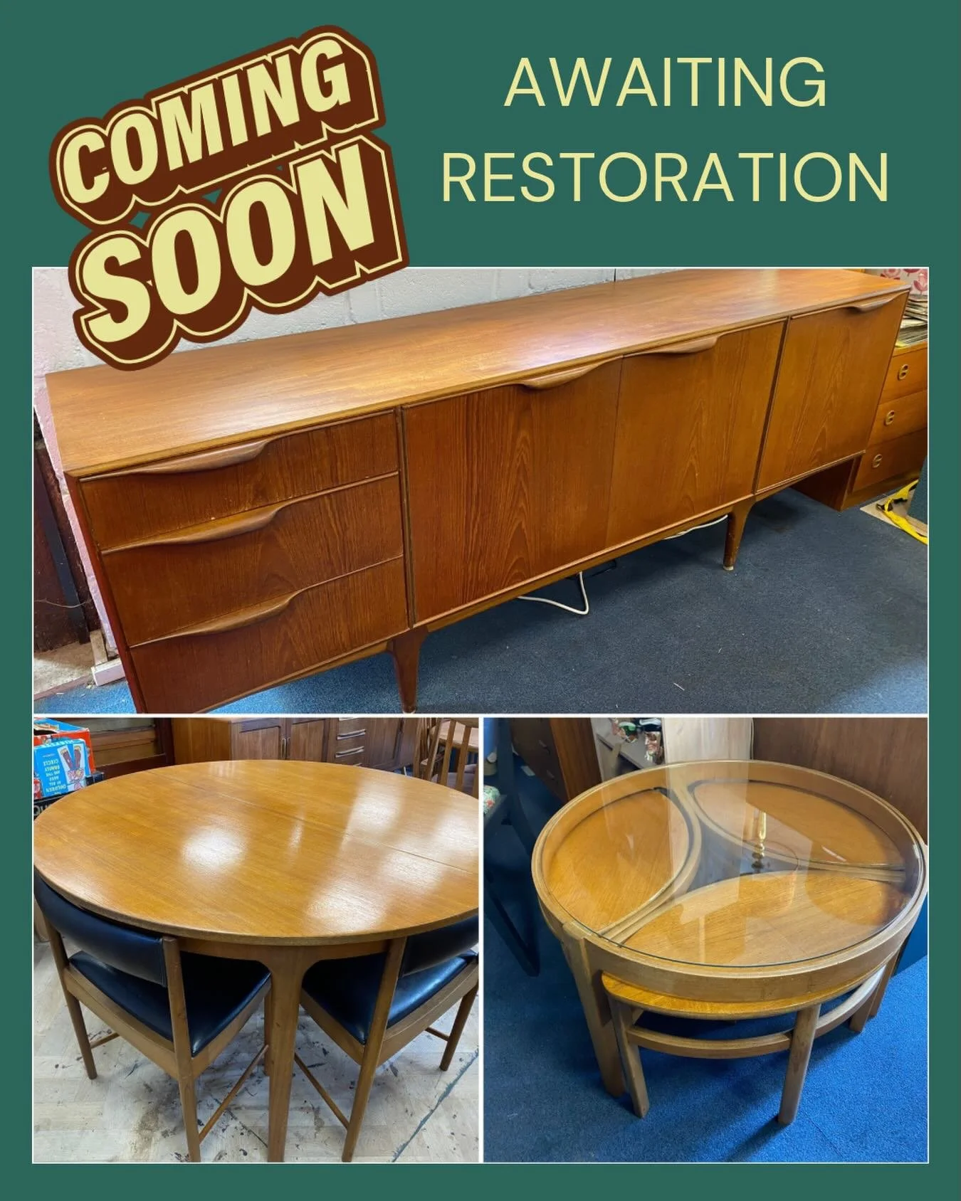New stock just in, awaiting restoration. A gorgeous teak McIntosh sideboard with a pull out cocktail section, a Nathan Trinity nest of tables and a stunning McIntosh extending table and four chairs. All oozing mid century retro charm. 

Each will be 
