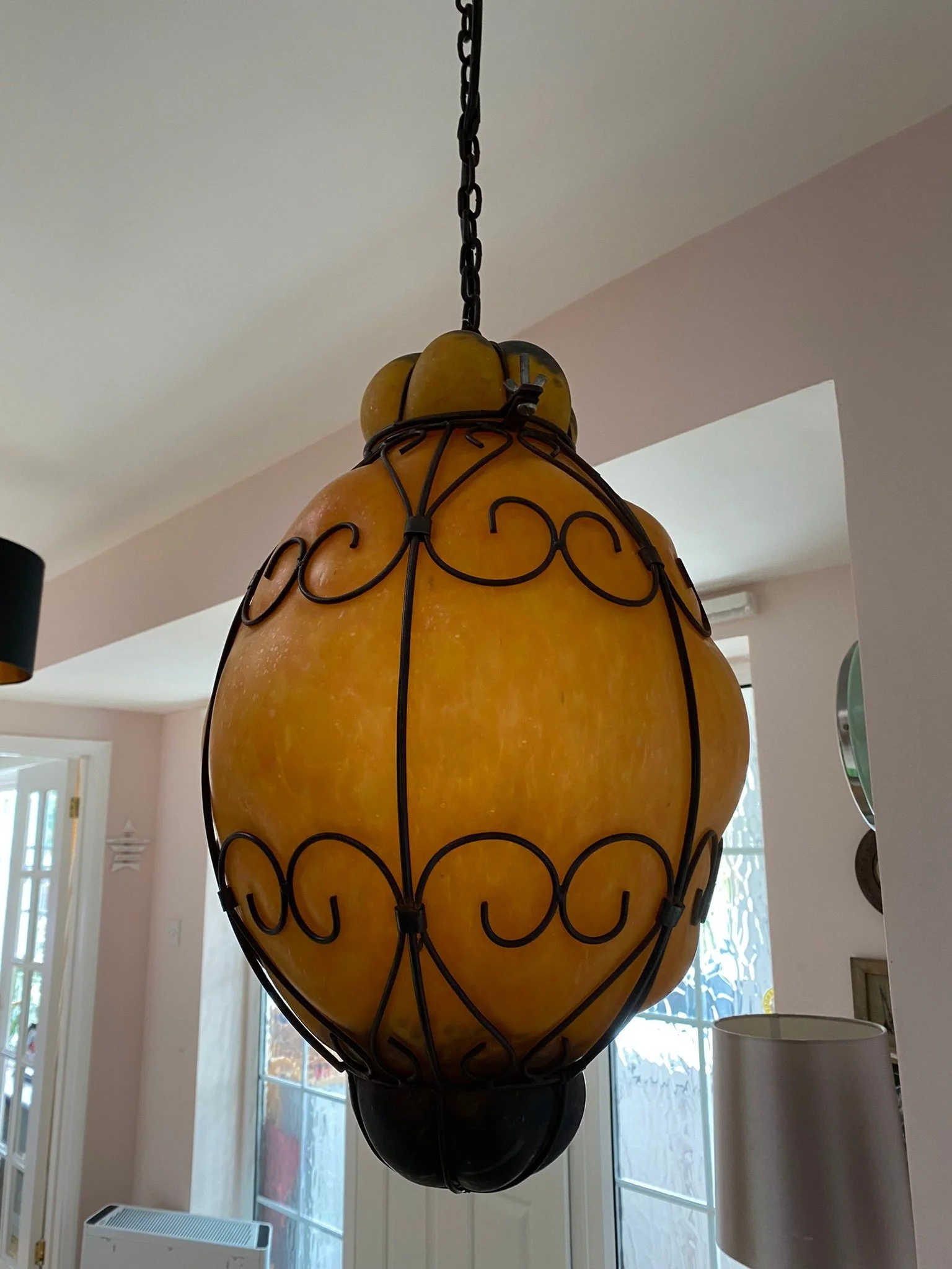 Large 1960s Venetian Wrought Iron Cage Murano Glass Lantern Pendant Light Opaque Amber
