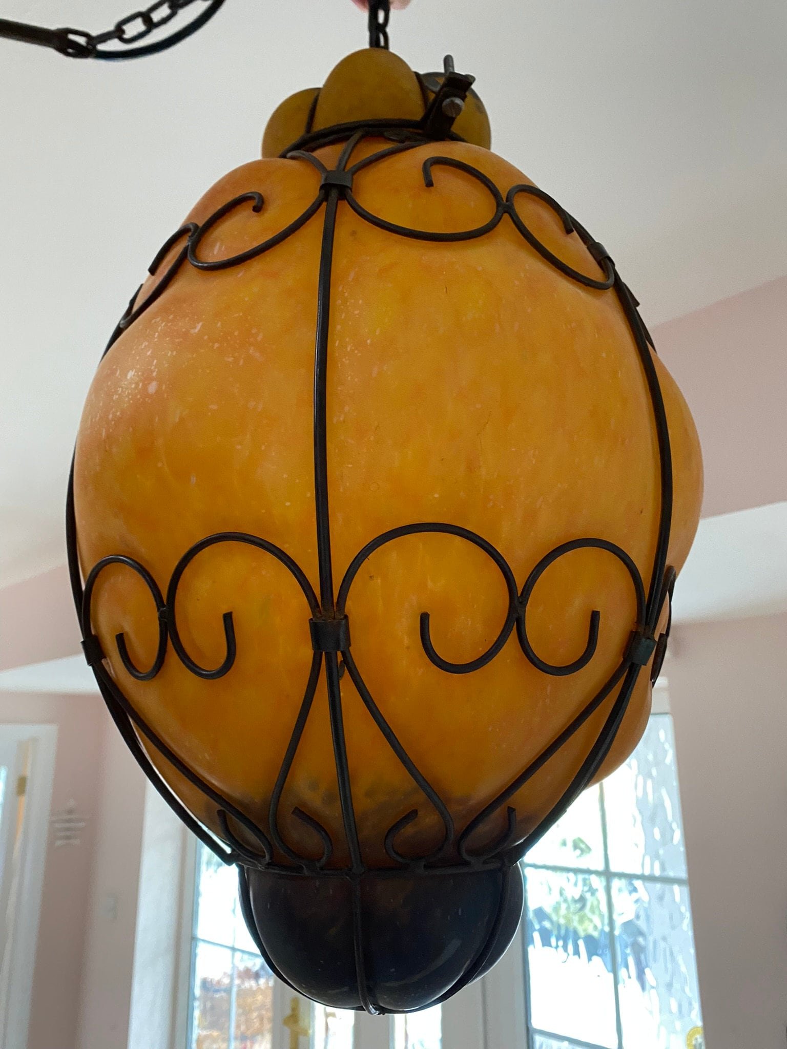 Large 1960s Venetian Wrought Iron Cage Murano Glass Lantern Pendant Light Opaque Amber