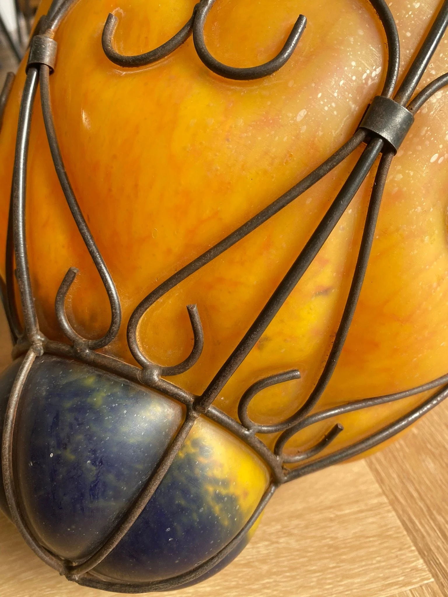 Large 1960s Venetian Wrought Iron Cage Murano Glass Lantern Pendant Light Opaque Amber