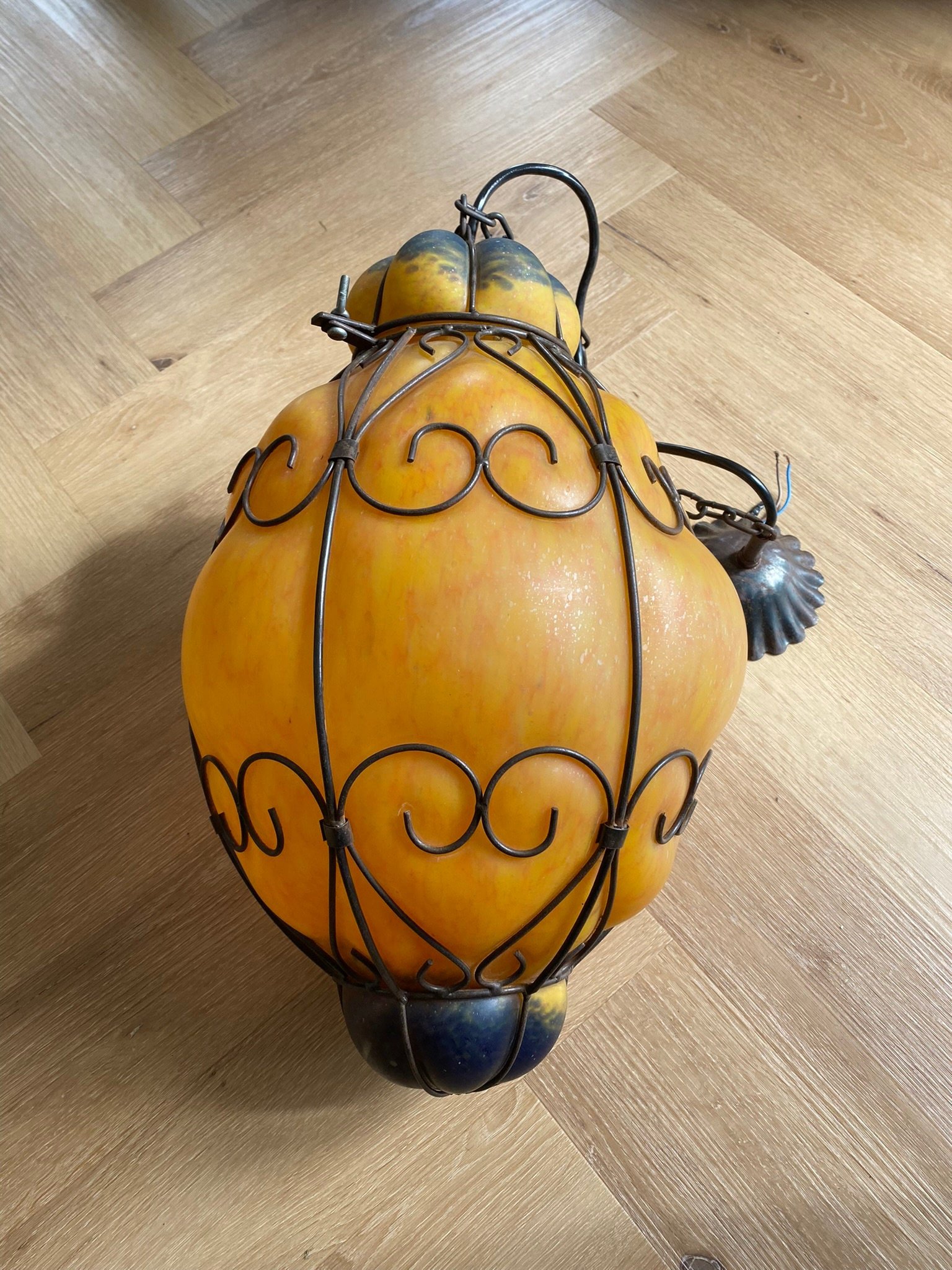 Large 1960s Venetian Wrought Iron Cage Murano Glass Lantern Pendant Light Opaque Amber