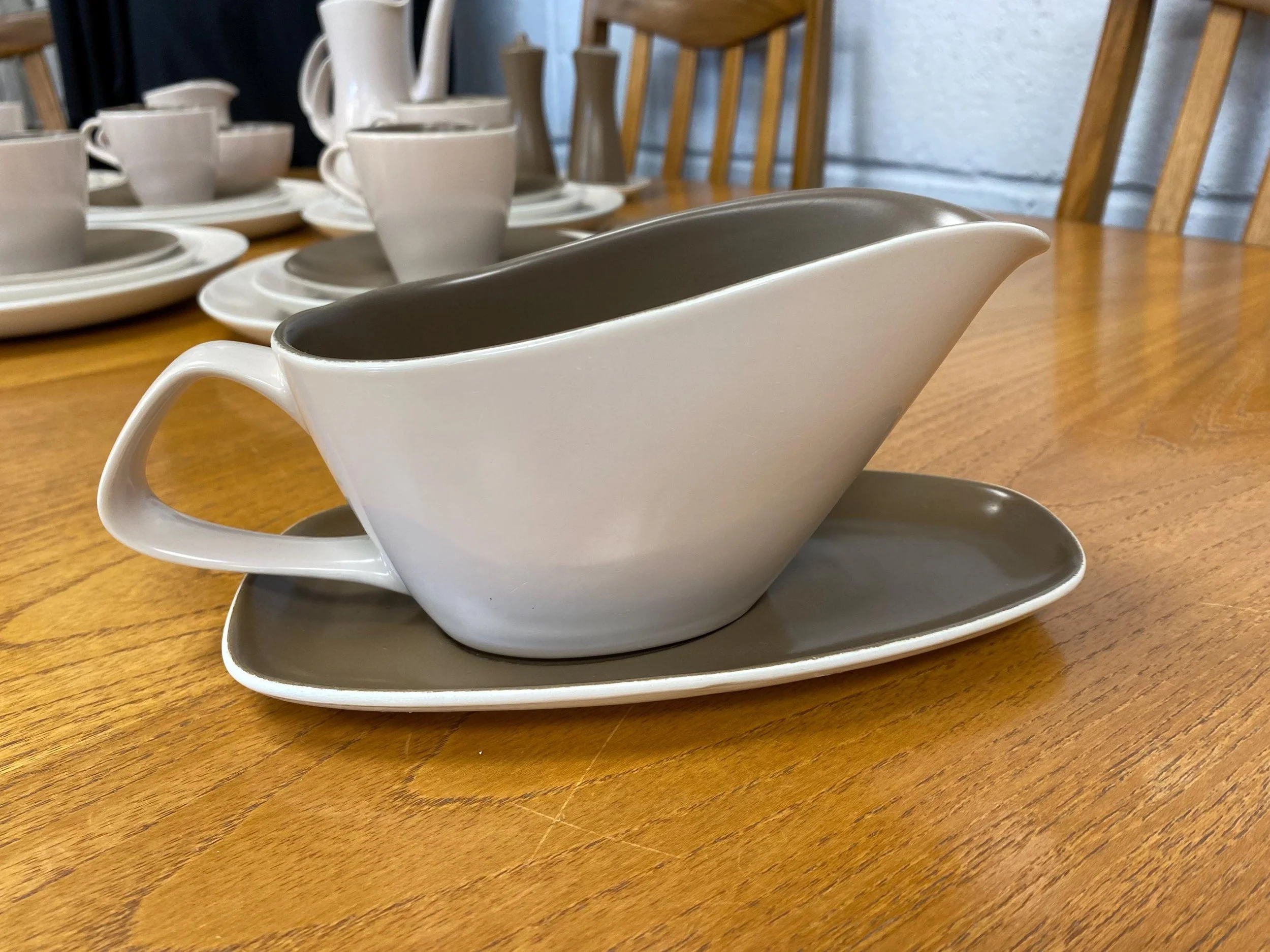 Vintage mid century Poole Pottery twin tone tea gravy boat set