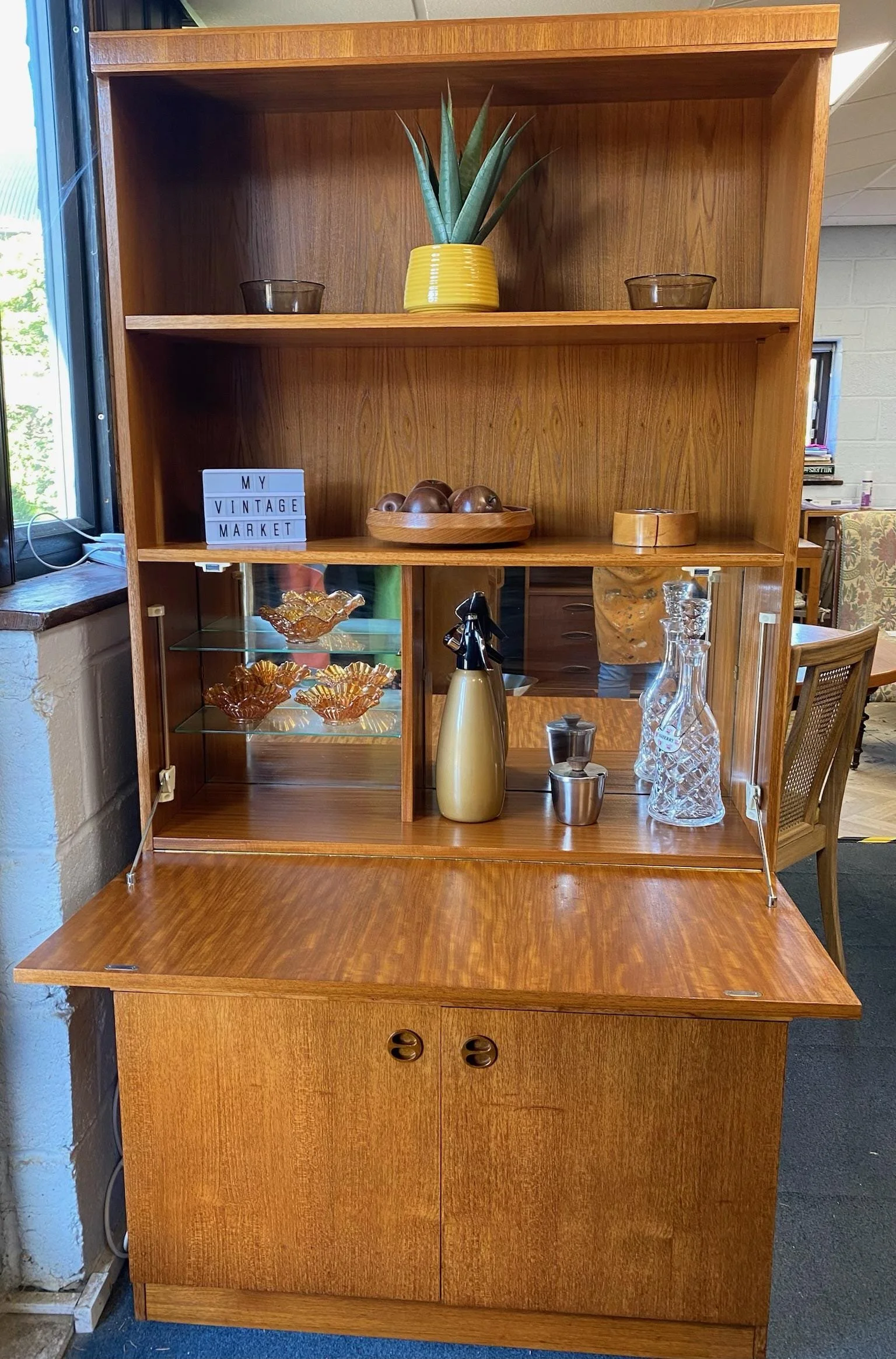 Mid century teak German Mobel cocktail drinks cabinet wall unit