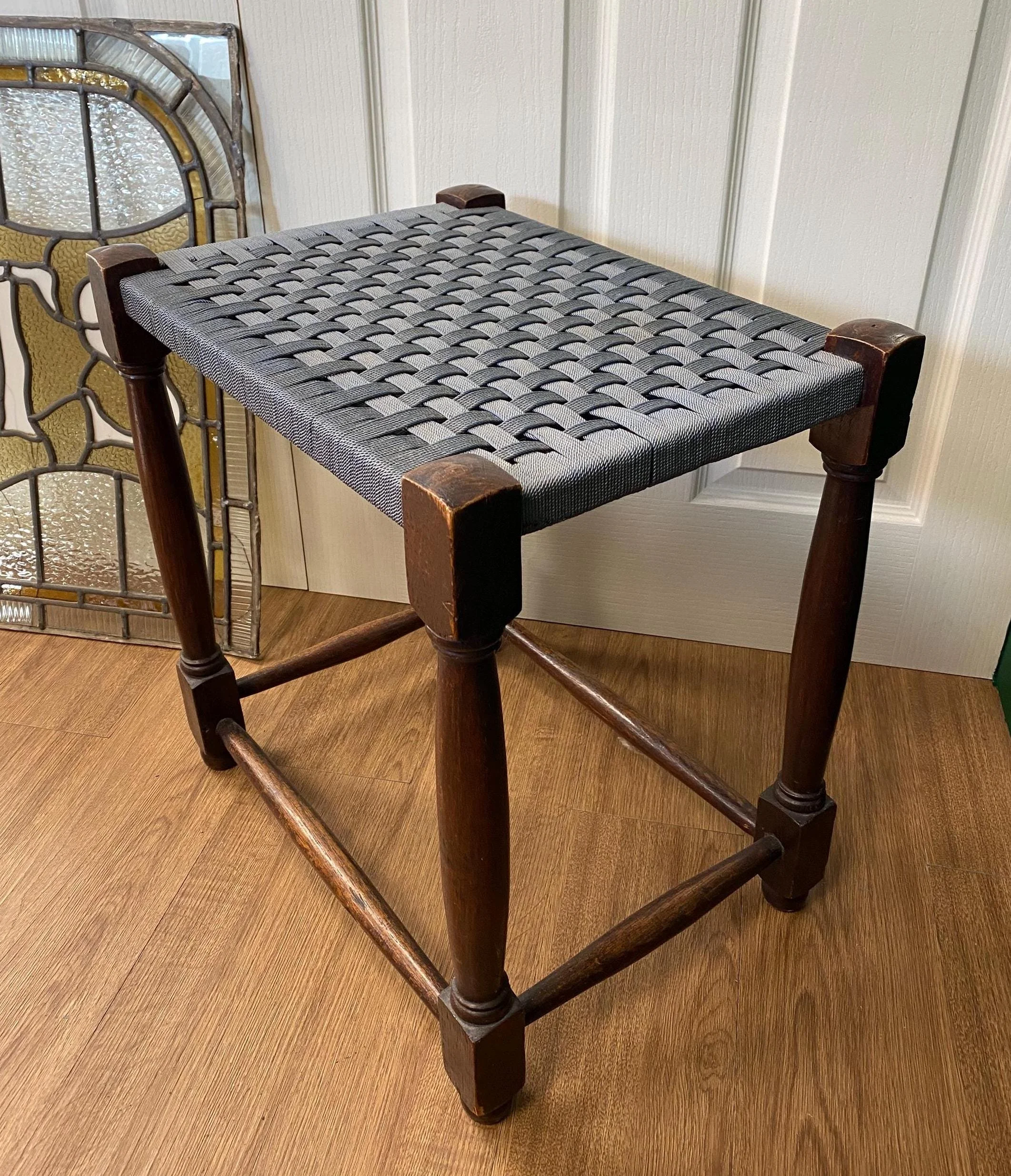 Antique early 1900s oak stool weave seat
