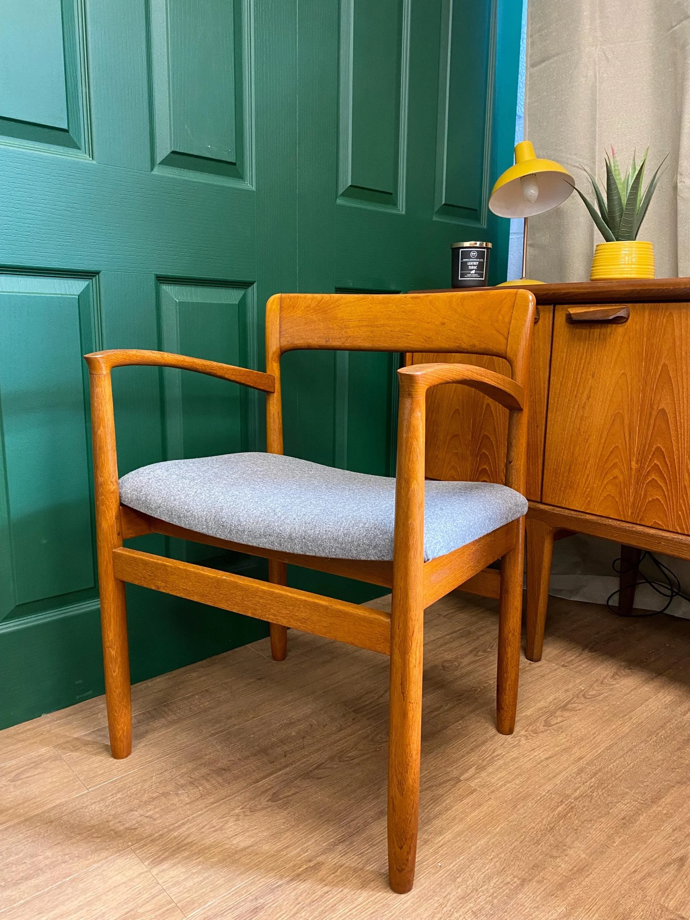 Restored and reupholstered 1960s John Herbert for Younger teak carver chair grey