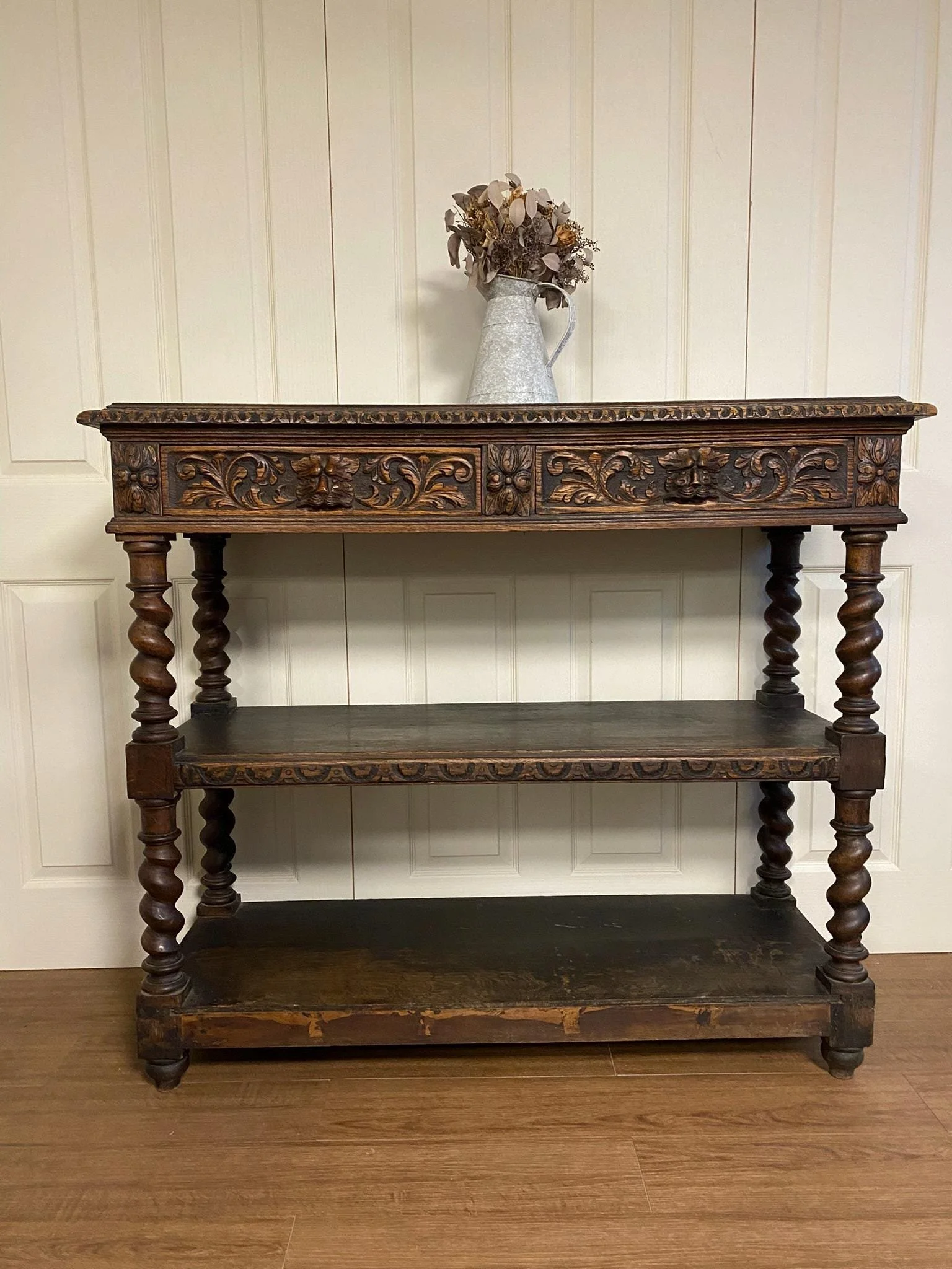 Antique Victorian French Dark Oak Carved Barley Twist Server Buffet Console