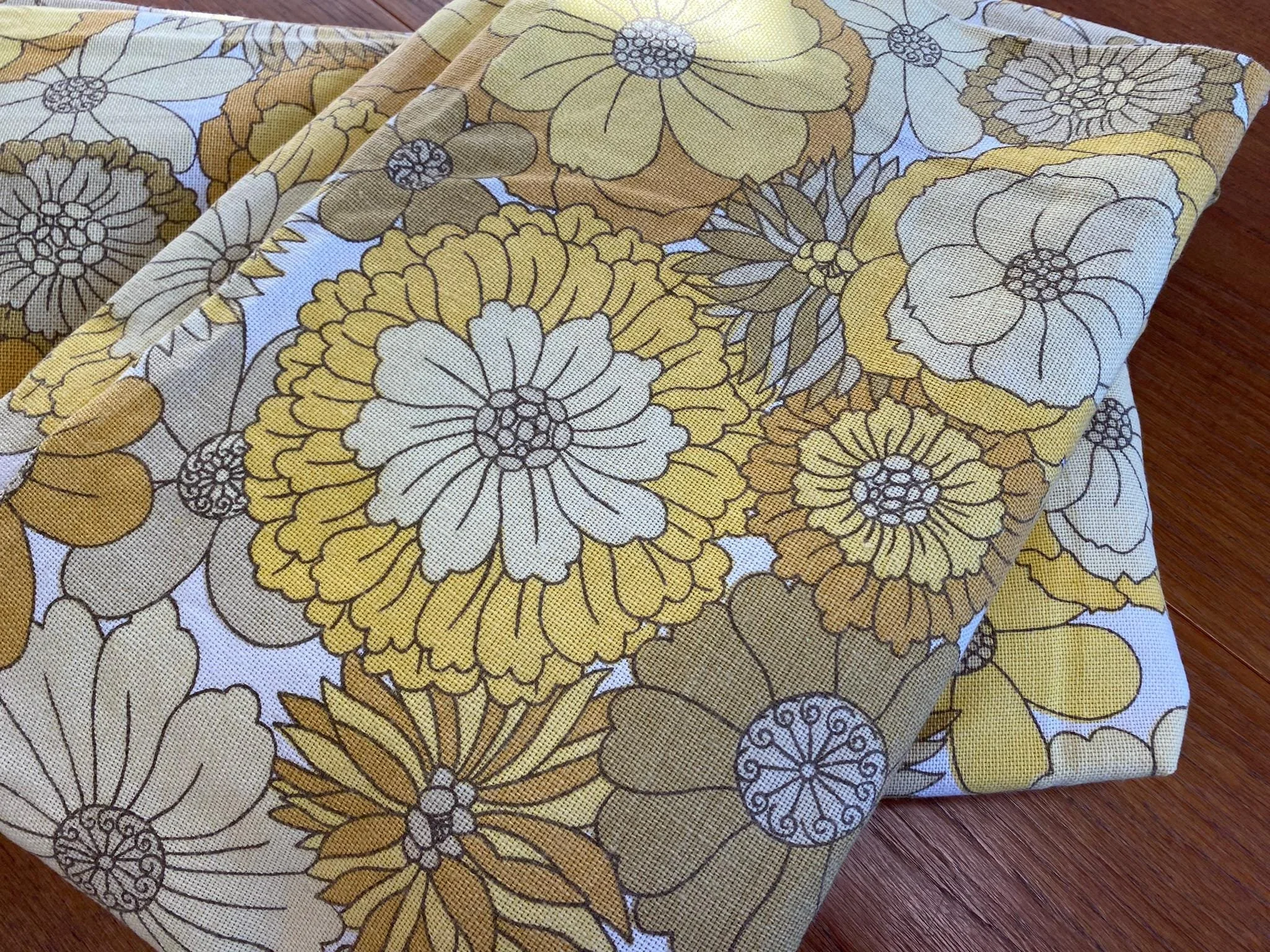 Pair of vintage retro 1970s curtains yellow floral St Michel