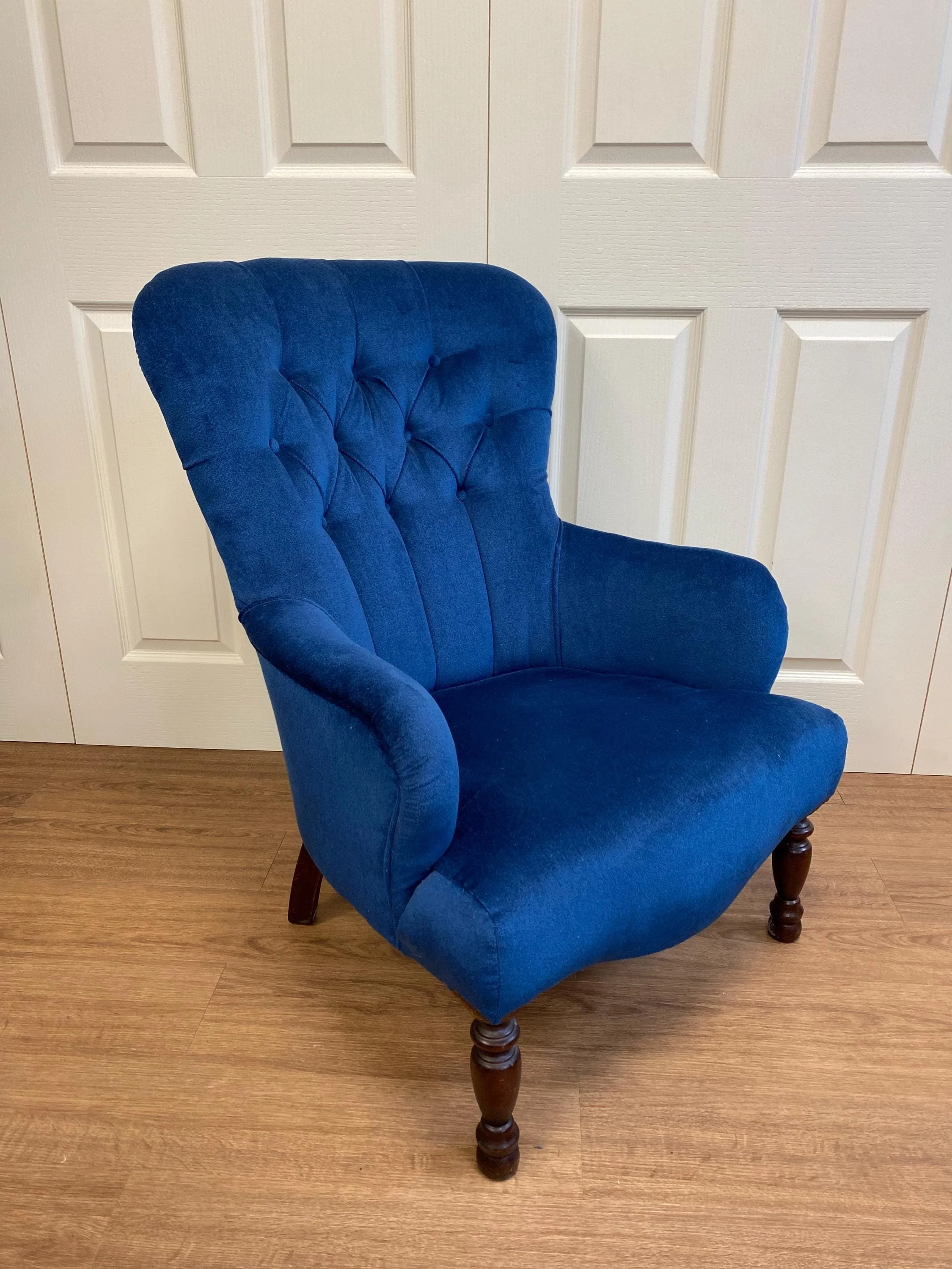 Antique mahogany upholstered blue velvet armchair occasional nursing chair