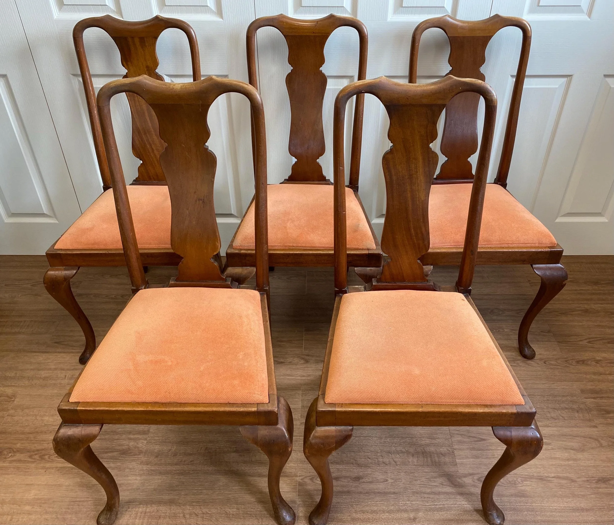 Five antique Victorian walnut JAS Shoolbred dining chairs