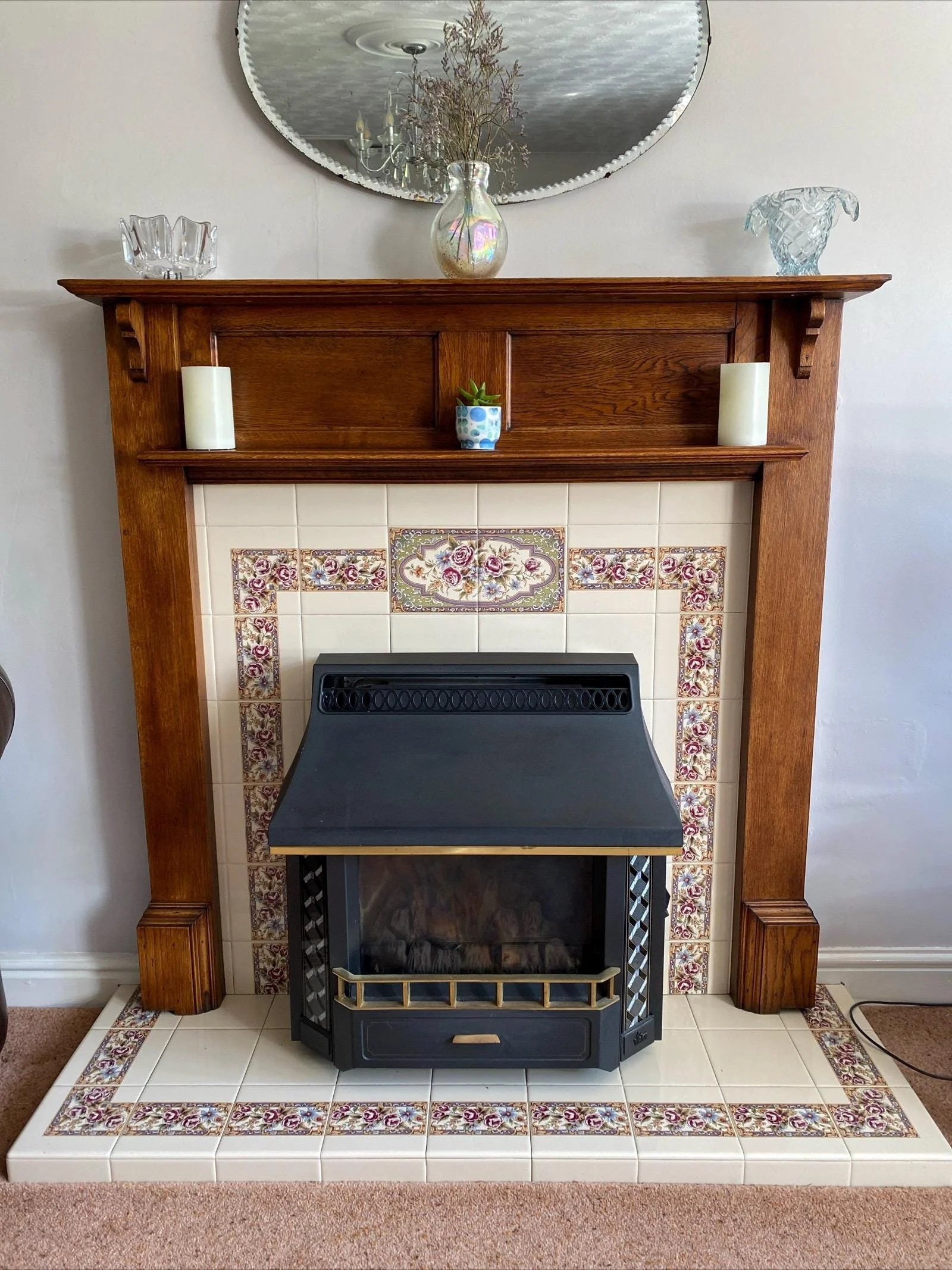Antique 1920s Solid Oak Fireplace Mantel Surround