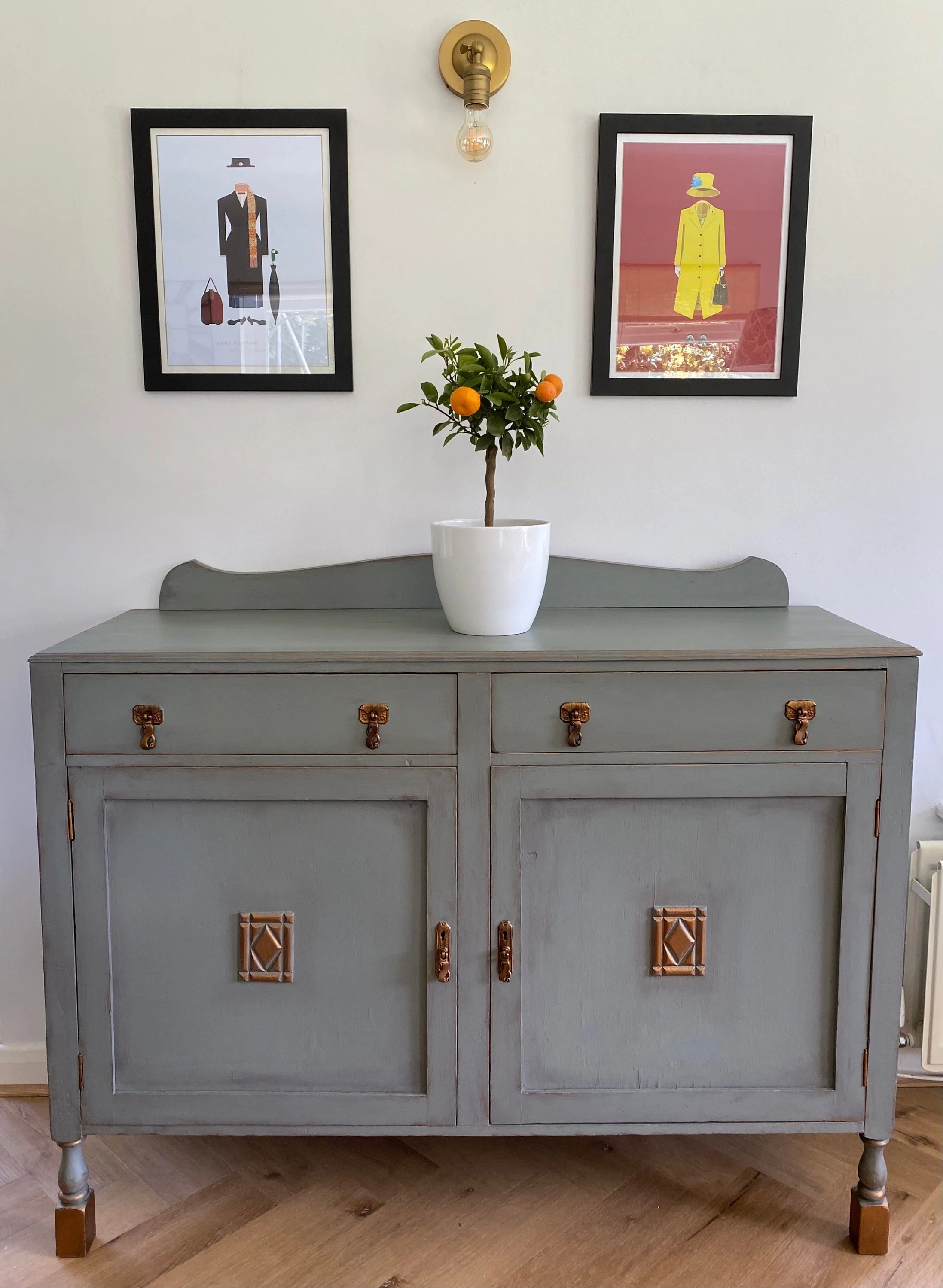 Refurbished antique sideboard, painted green grey, bronze detail