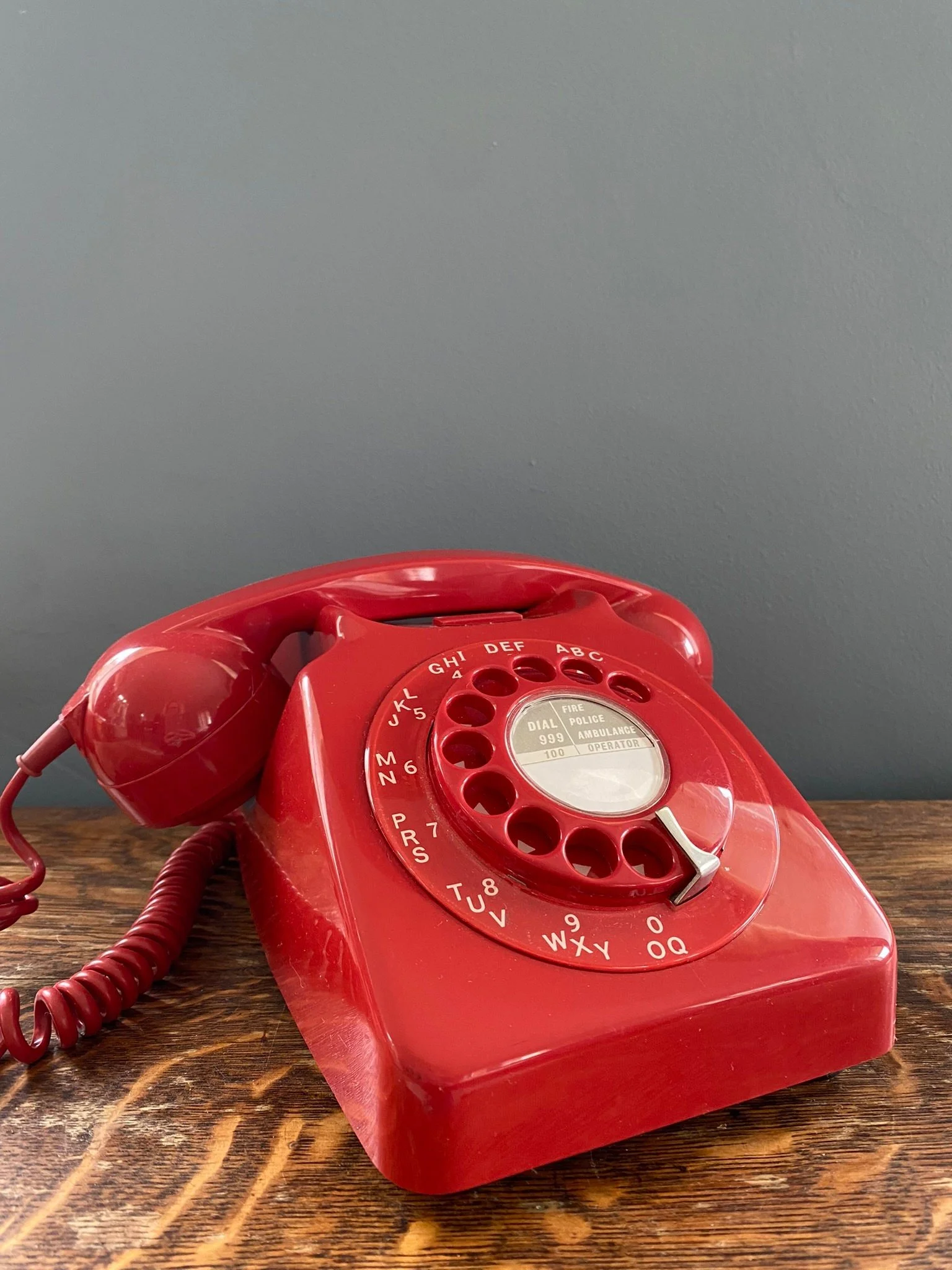 Rare vintage retro 1960s rotary dial telephone GPO 746, red, matching dial with letters