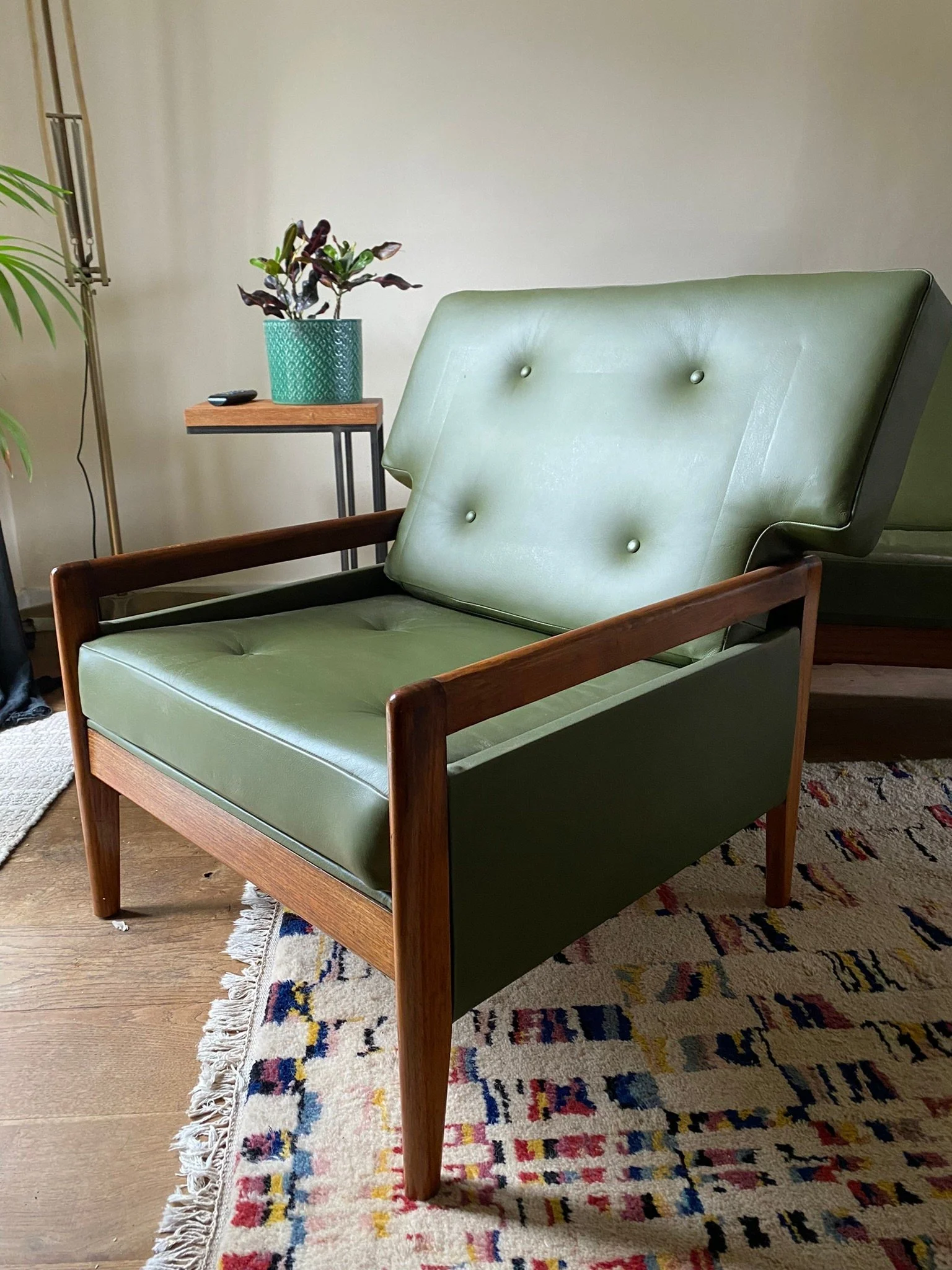 Mid century Heals teak afromosia armchair, olive green, 1960s Danish style