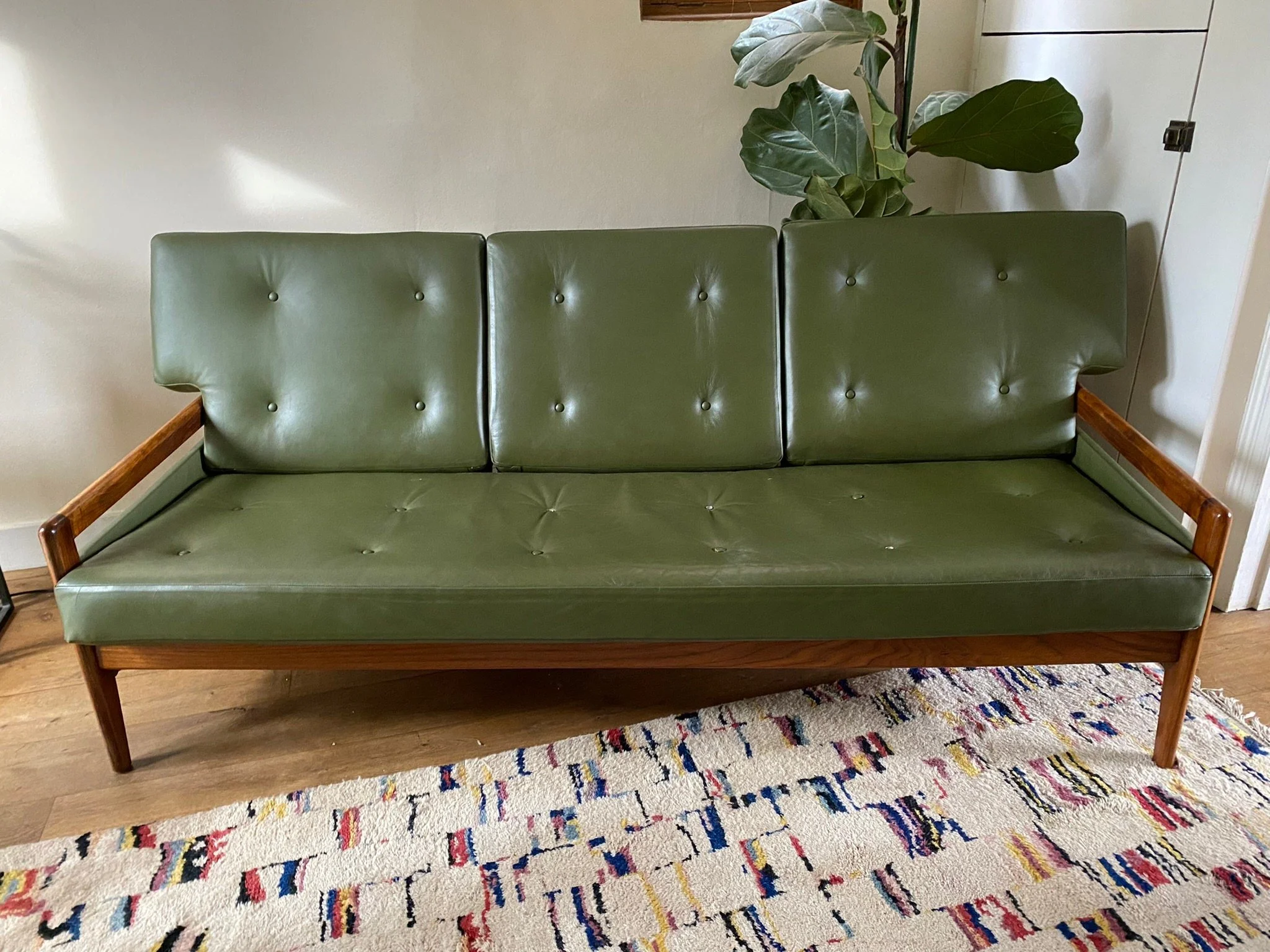 Mid century Heals three seater teak afromosia sofa, olive green, 1960s Danish style