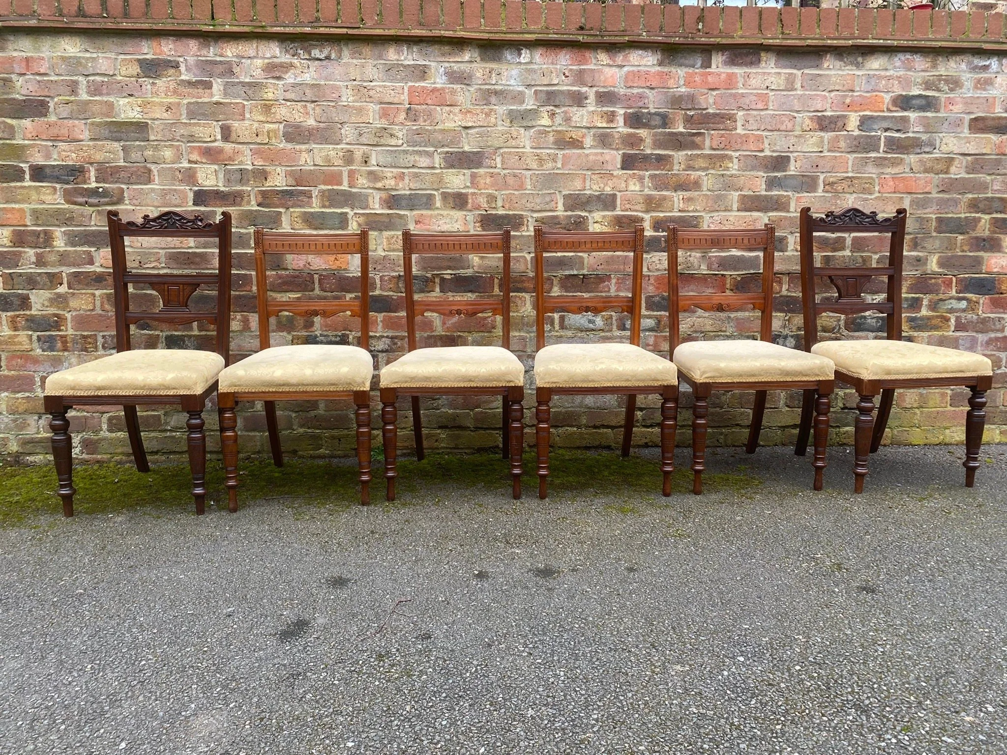 Six antique Edwardian mahogany and rosewood dinning chairs, carved, gold fabric