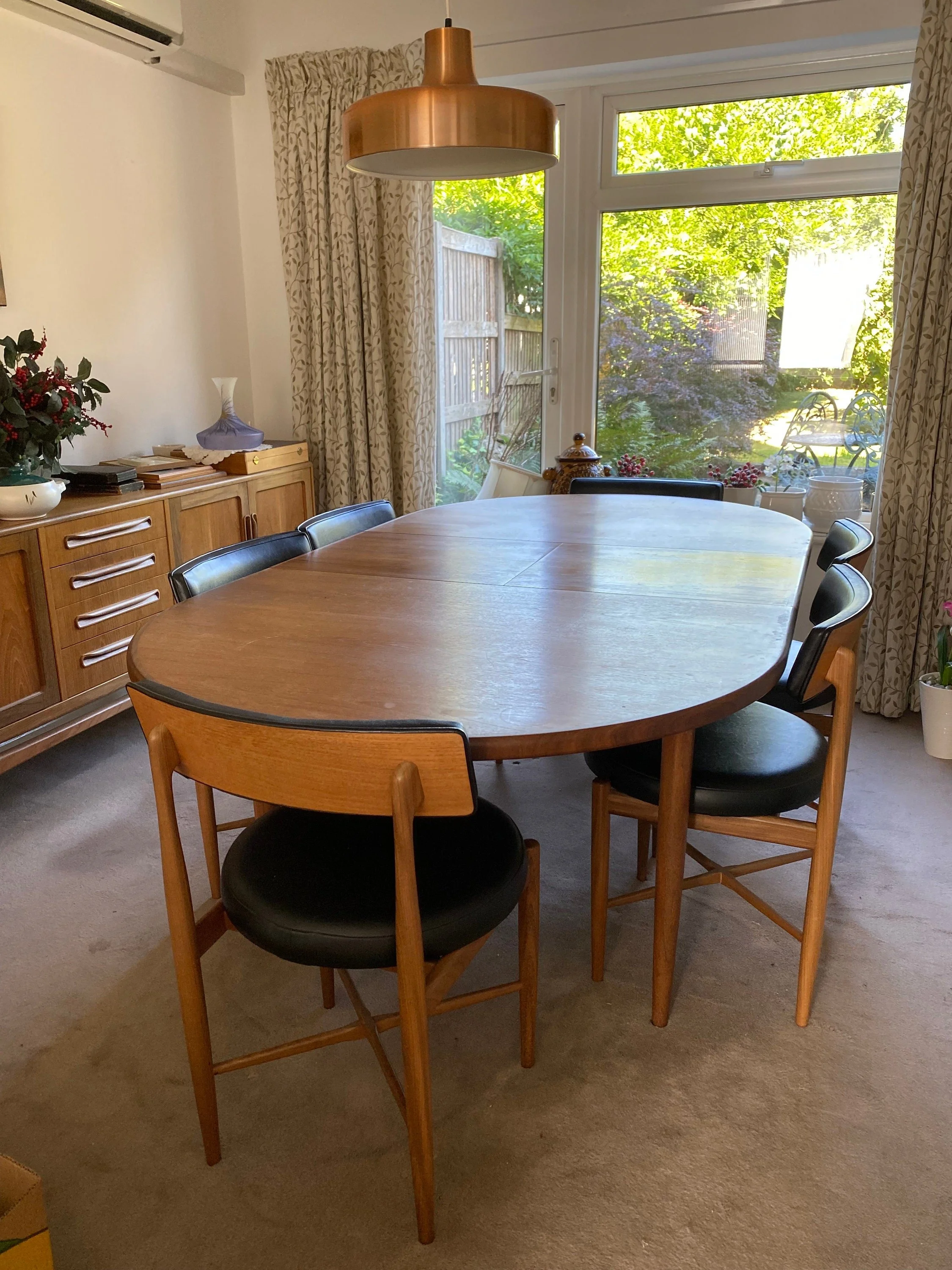 1960s G Plan Fresco solid teak extending dining table and six chairs