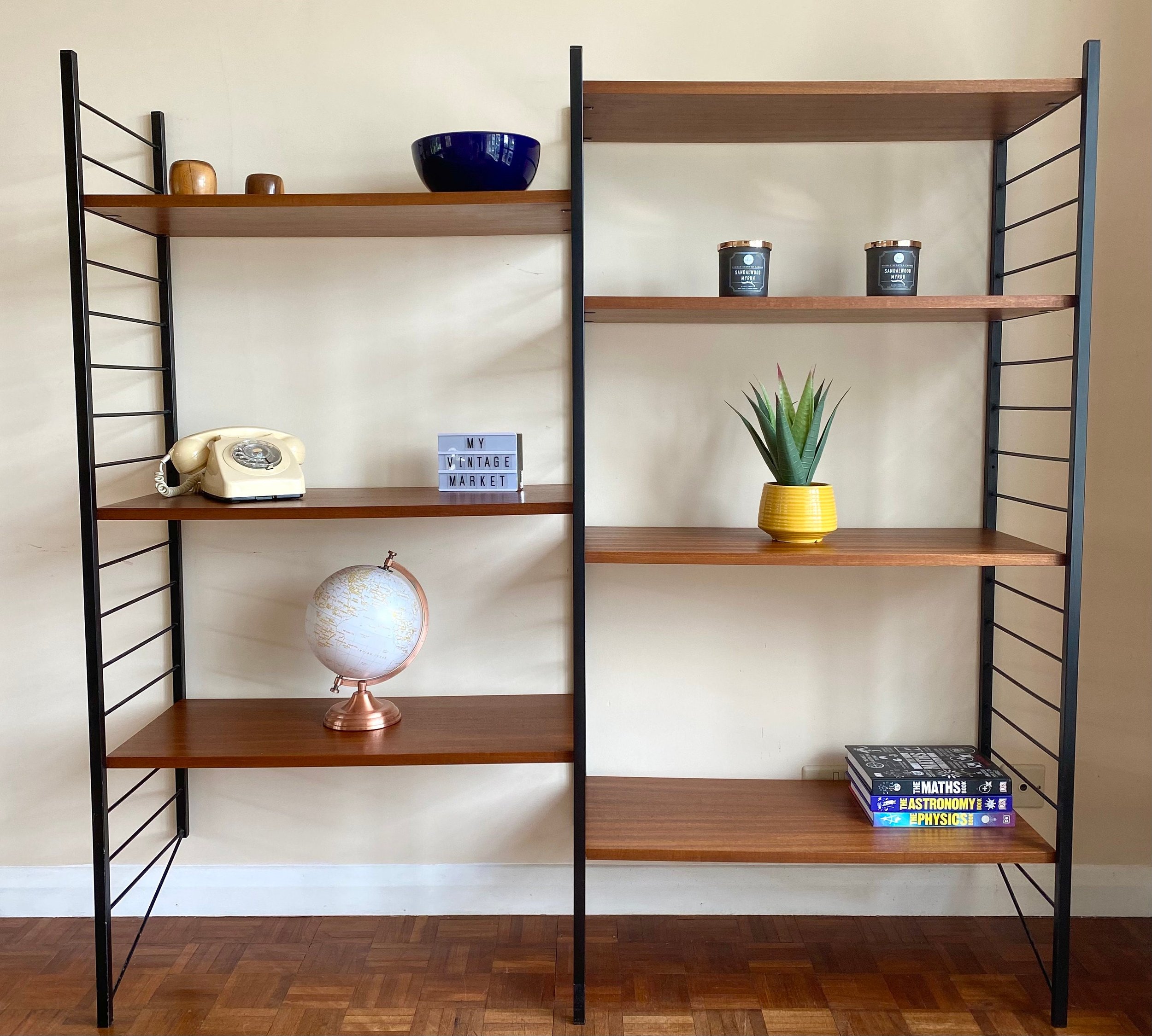 1960s mid century Ladderax style double bay shelf unit in teak