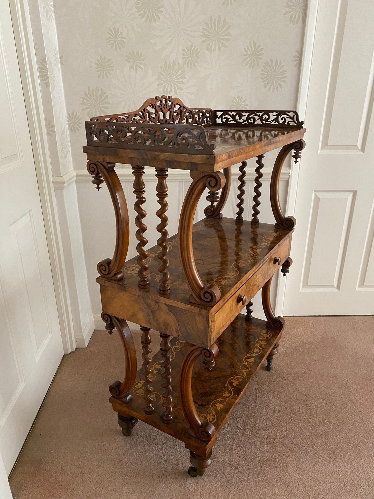 Victorian walnut marquetry carved three tier wotnot
