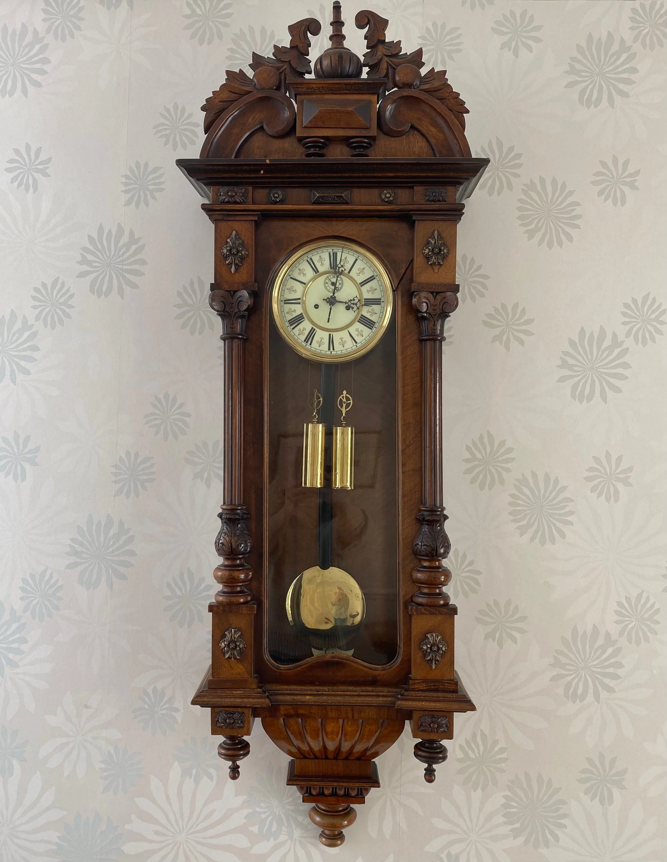 Antique carved wall hung pendulum clock in mahogany case, for repair