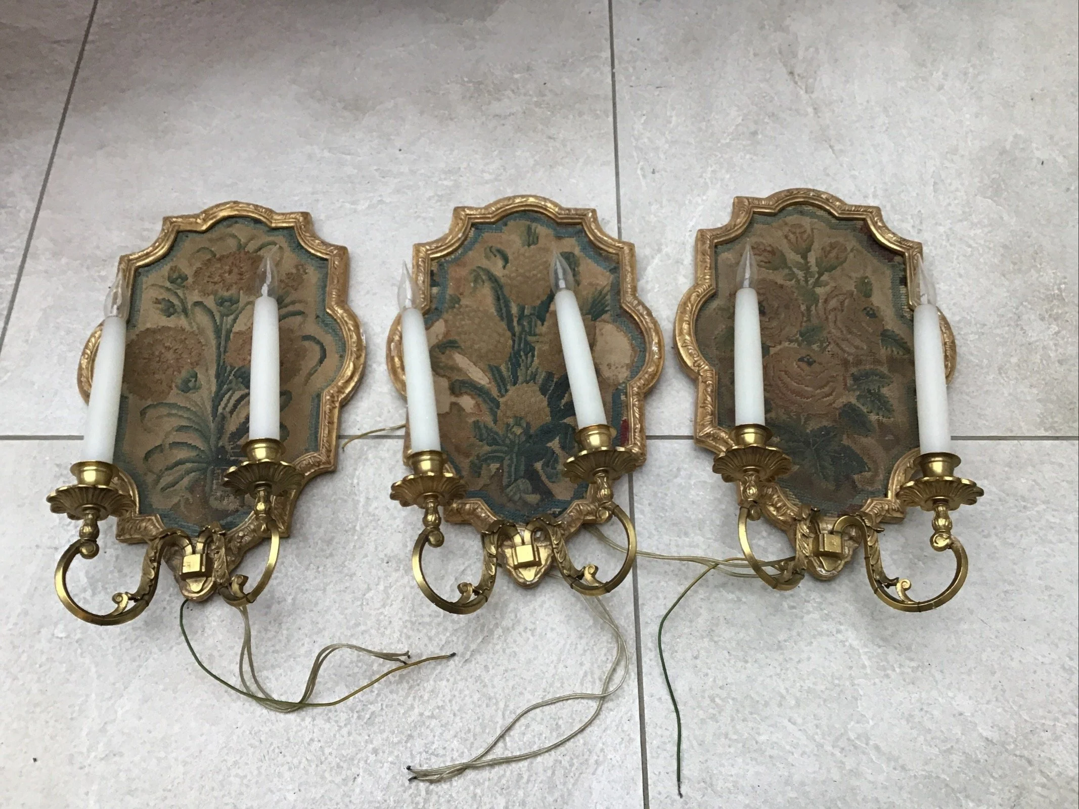 Three antique French Louis XVI style tapestry wall lights sconces, tapestry