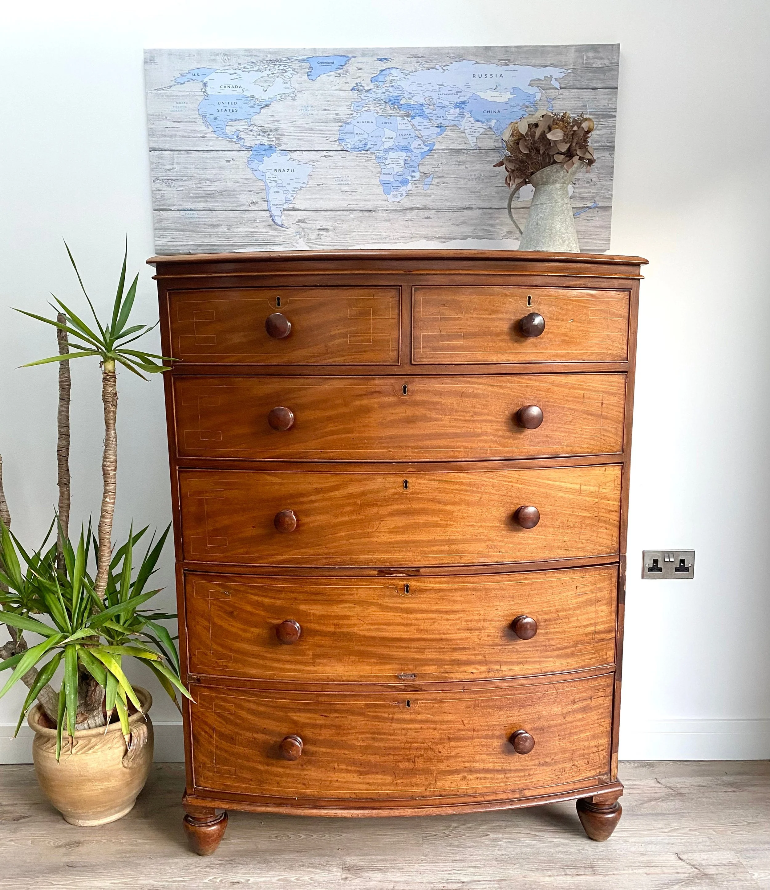 Victorian 19th century inlaid mahogany bow front chest on chest of drawers