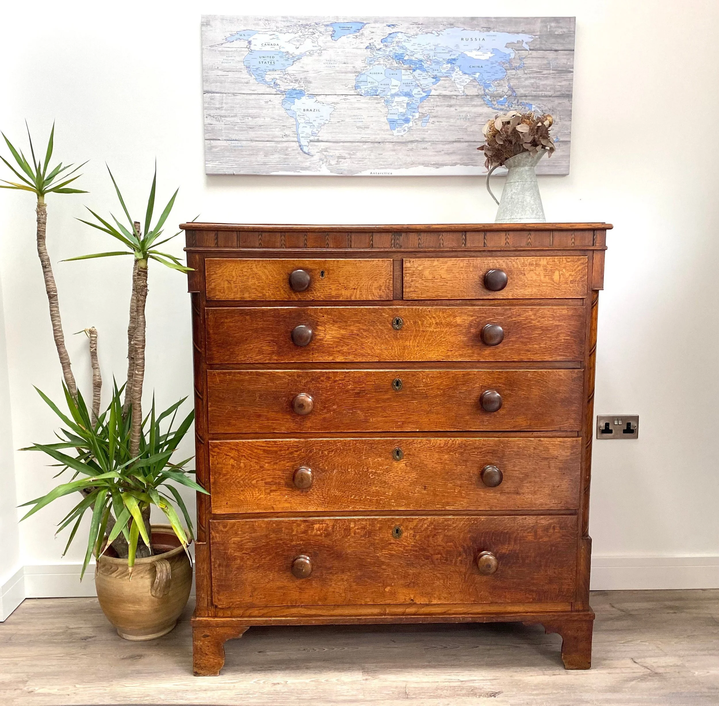 Georgian 18th century inlaid marquetry oak tall chest of drawers