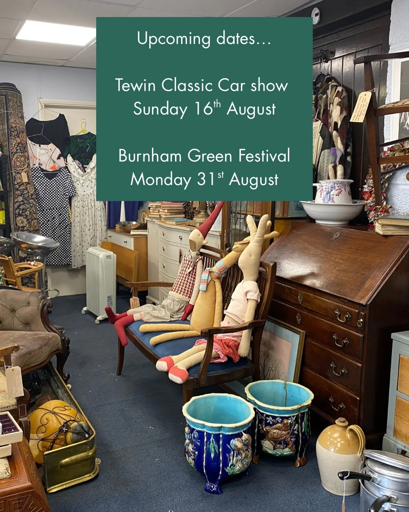 My Vintage Market will be at two local events this summer;

🚗 Tewin Classic Car show, Sunday 16th August, 12-5pm

🎪 Burnham Green Festival, Monday 31st August, 1-4pm

If you can&rsquo;t make it and would like to pop in before the shop closes, do gi