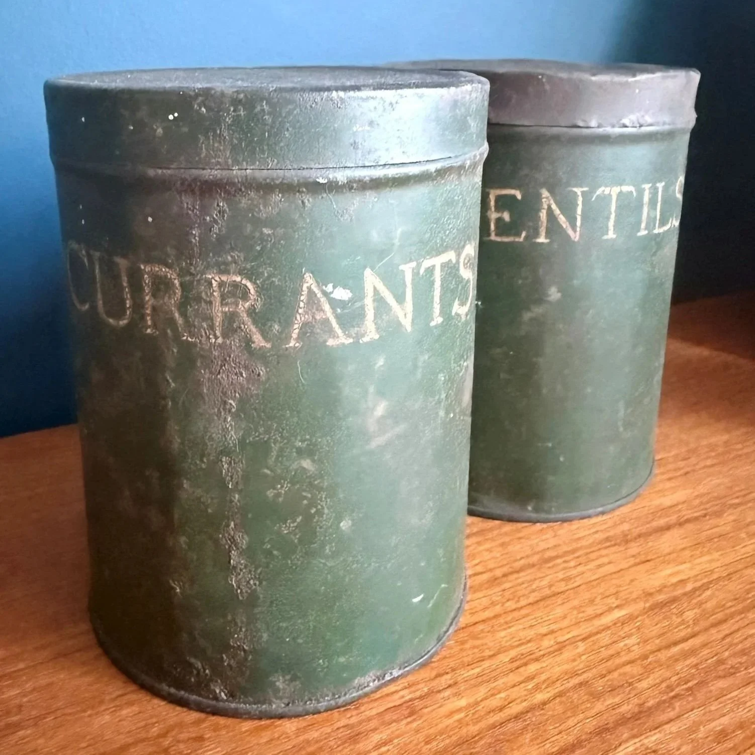 Vintage 1940s storage jars metal containers currants and lentils