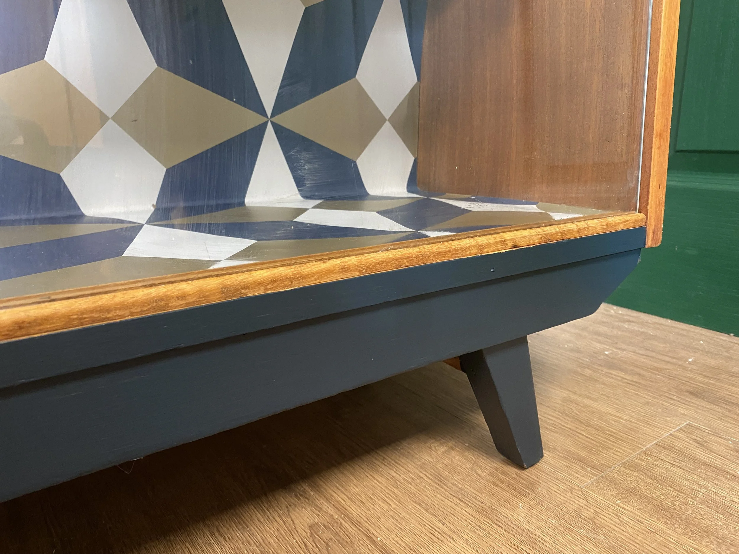 Refurbished mid century slanting teak glazed sliding door bookcase by Avalon Yatton