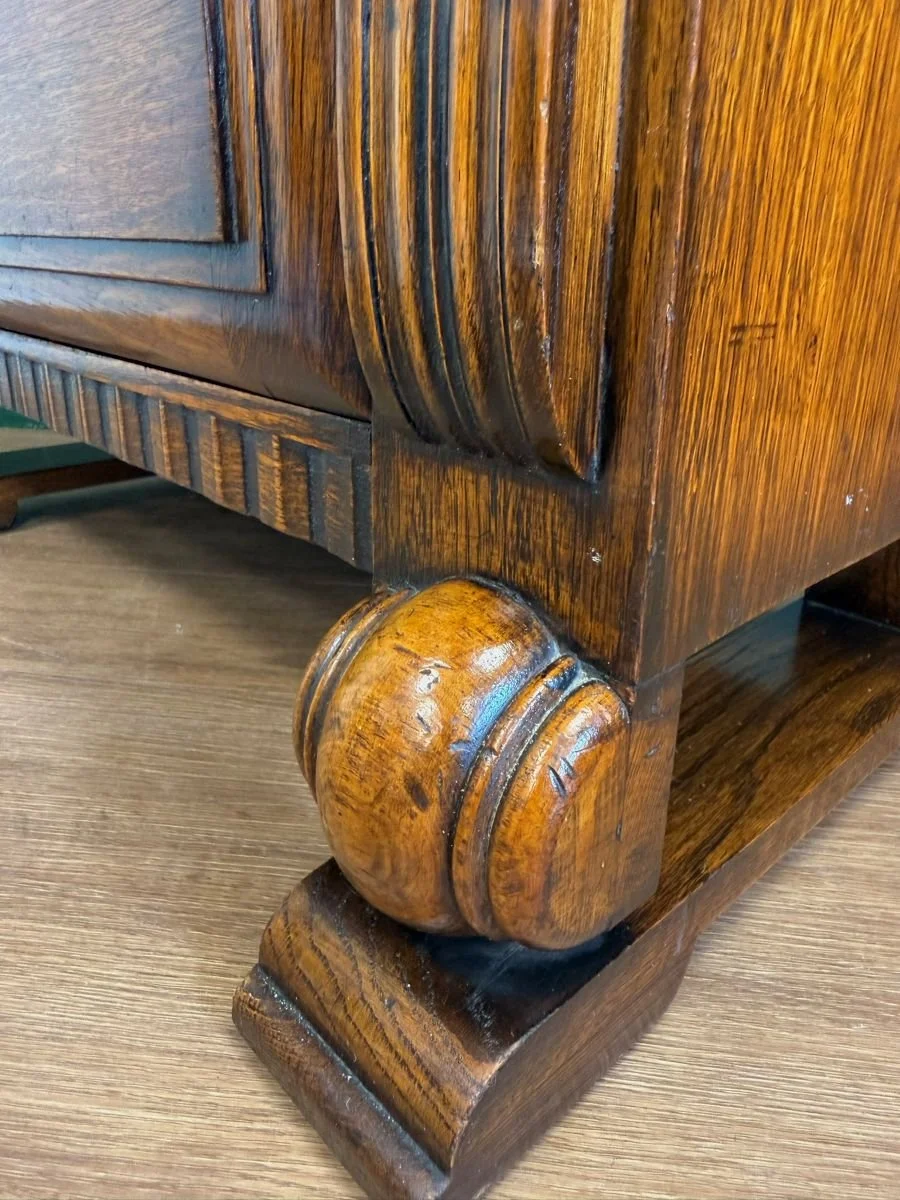 Vintage Art Deco 1930s carved bureau cabinet with sloped design and gold detail