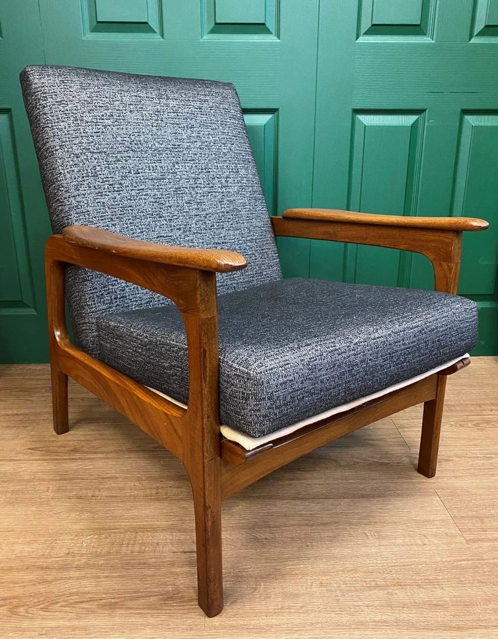 Refurbished Vintage 1960s Scandinavian Solid Teak Framed Armchair In Grey