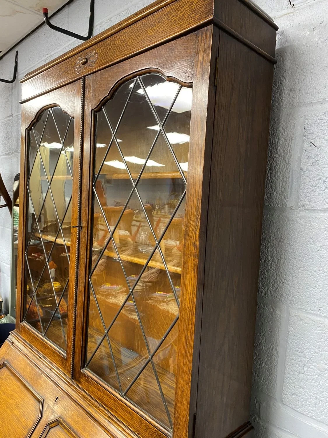 Edwardian antique oak bureau glazed bookcase