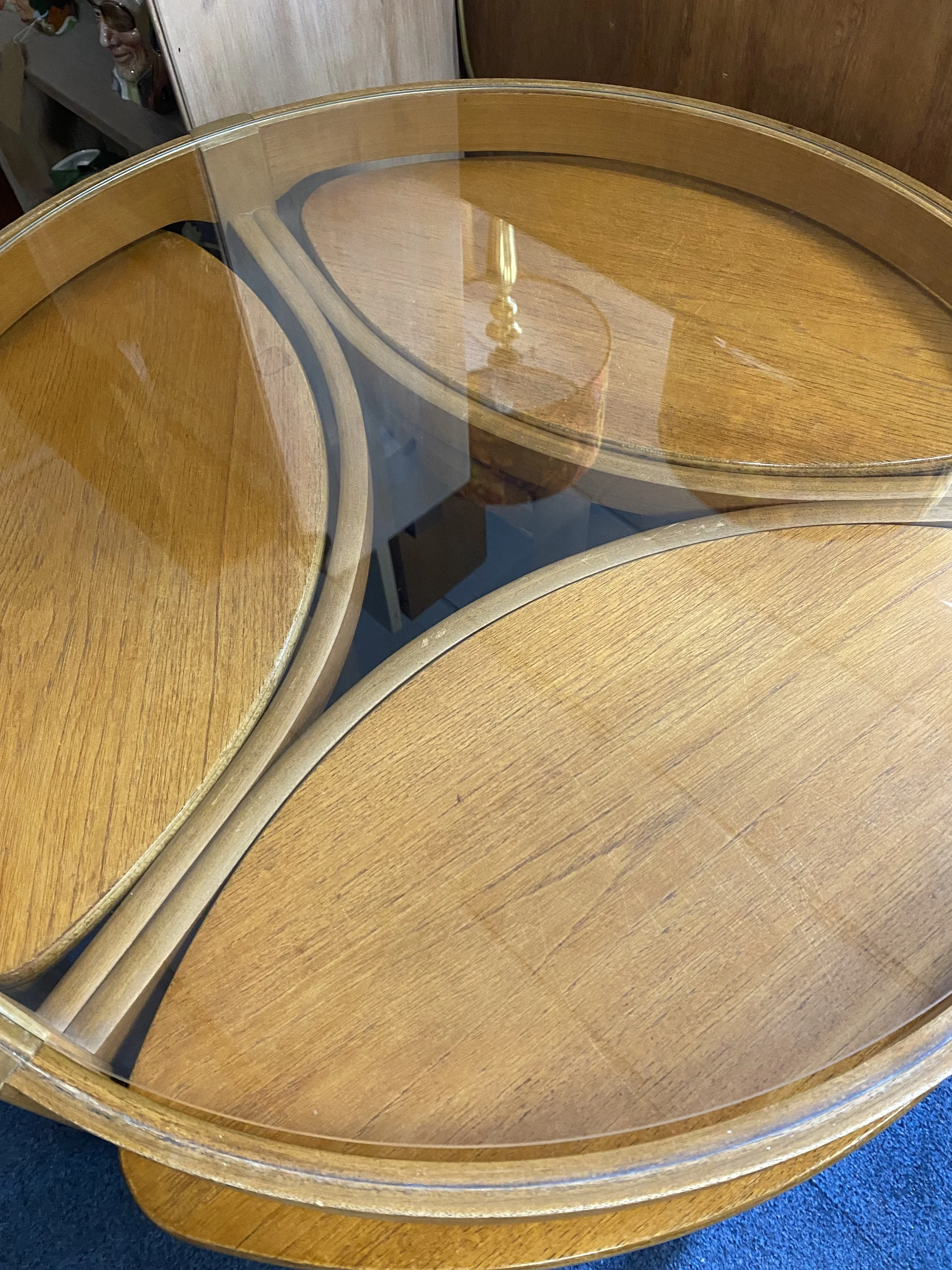 Mid century 1960s Danish style teak Nathan Trinity circular glass coffee table nest of tables