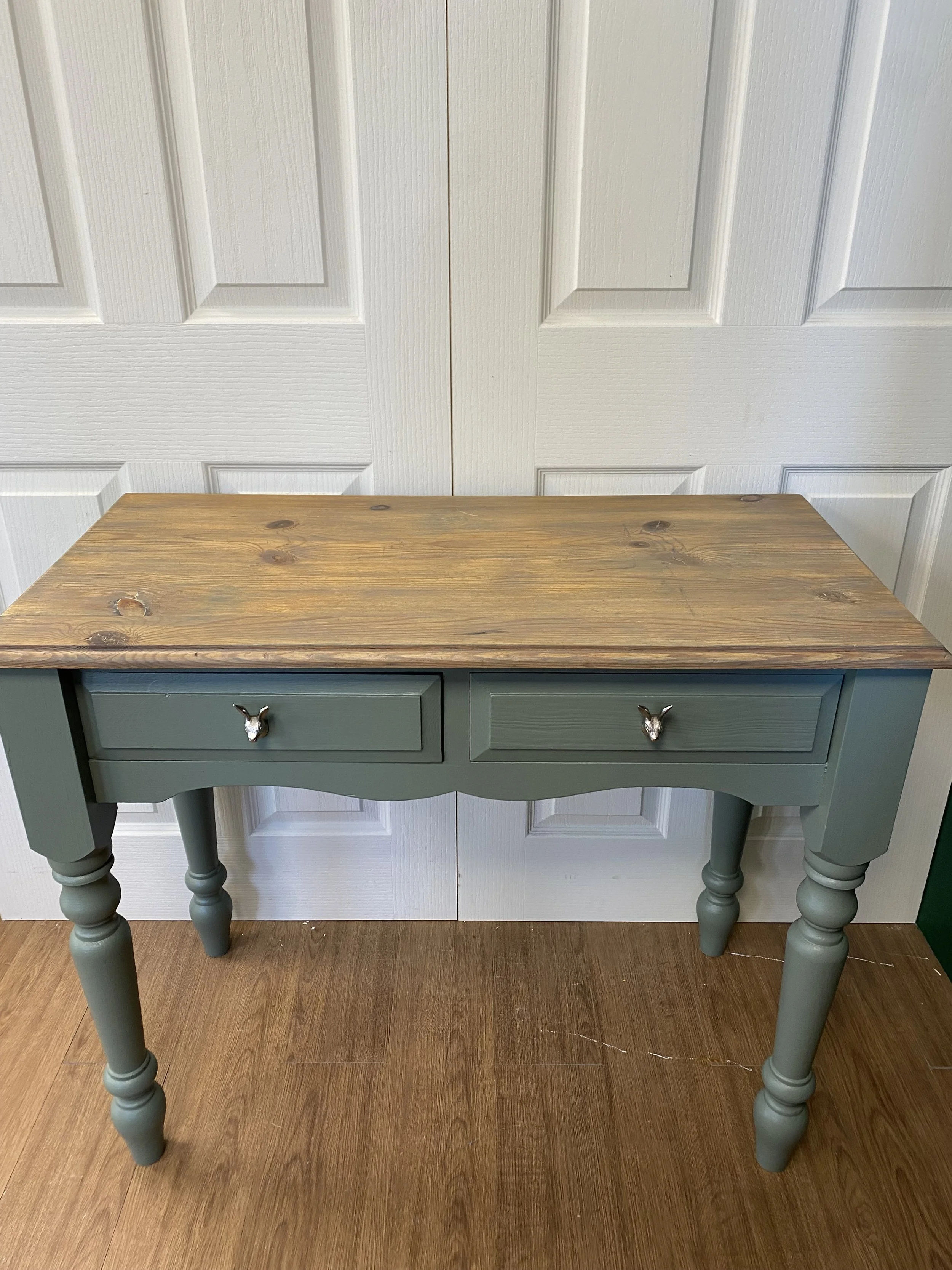 Refurbished traditional farmhouse style pine console table, desk, dressing table or small table sage green