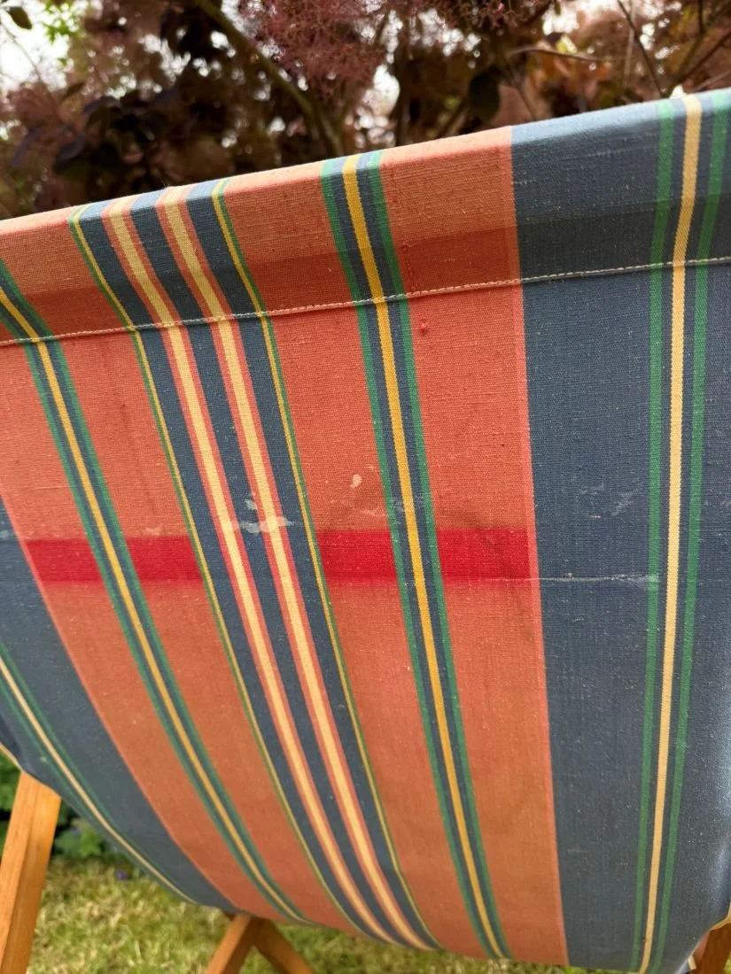 Vintage mid century 1960s deck chair blue red stripe fabric back.jpg