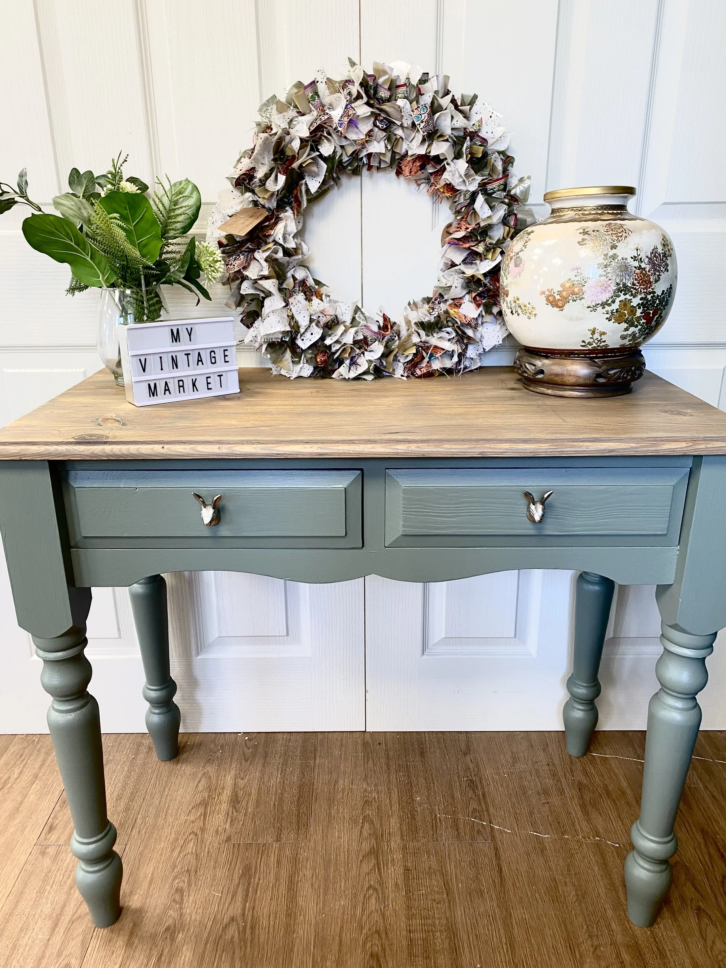 Refurbished traditional farmhouse style pine console table, desk, dressing table or small table sage green