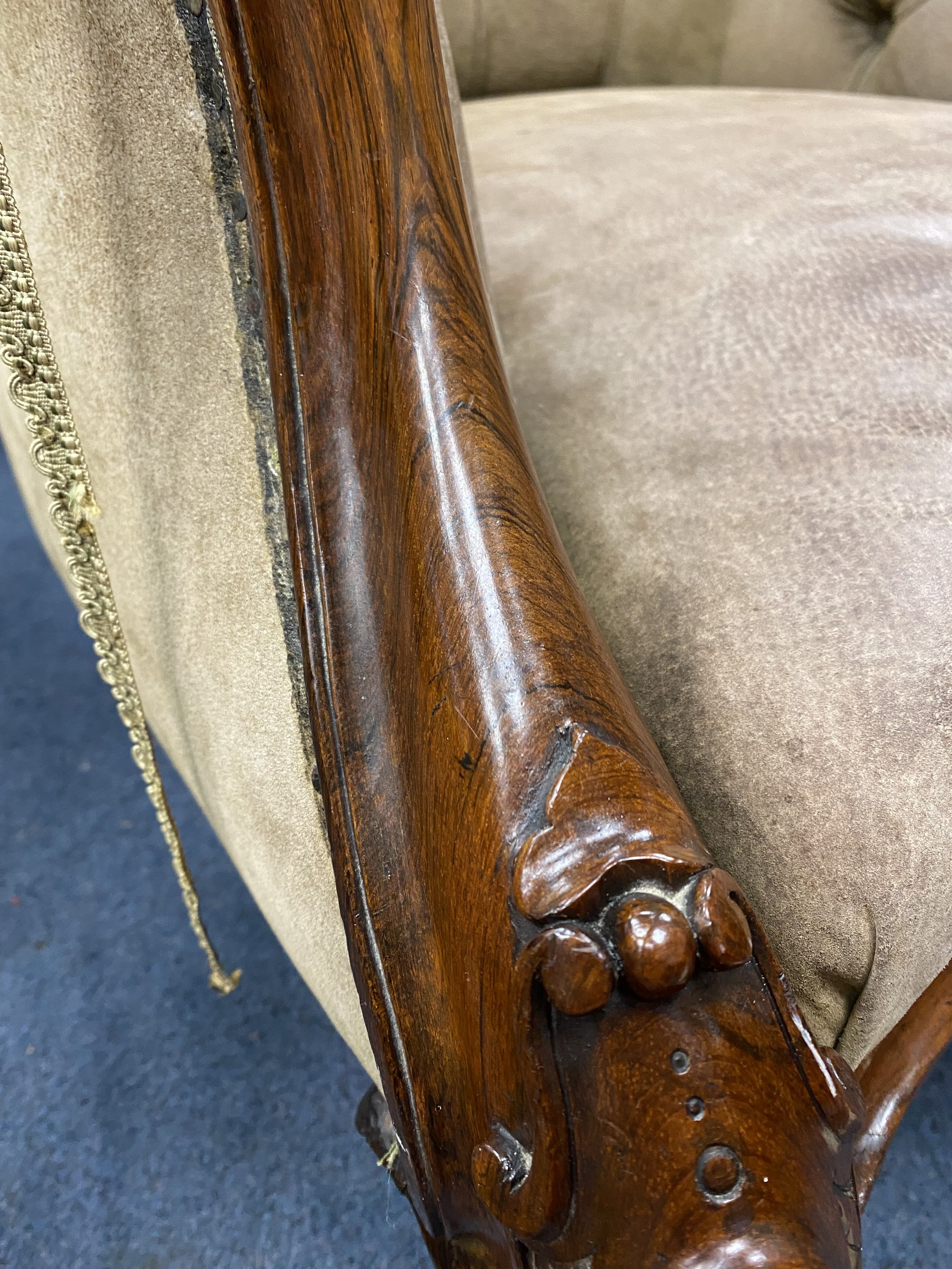 Antique 19th Century Victorian Ornate Carved Solid Walnut Framed Button Back Armchair, For Reupholstering